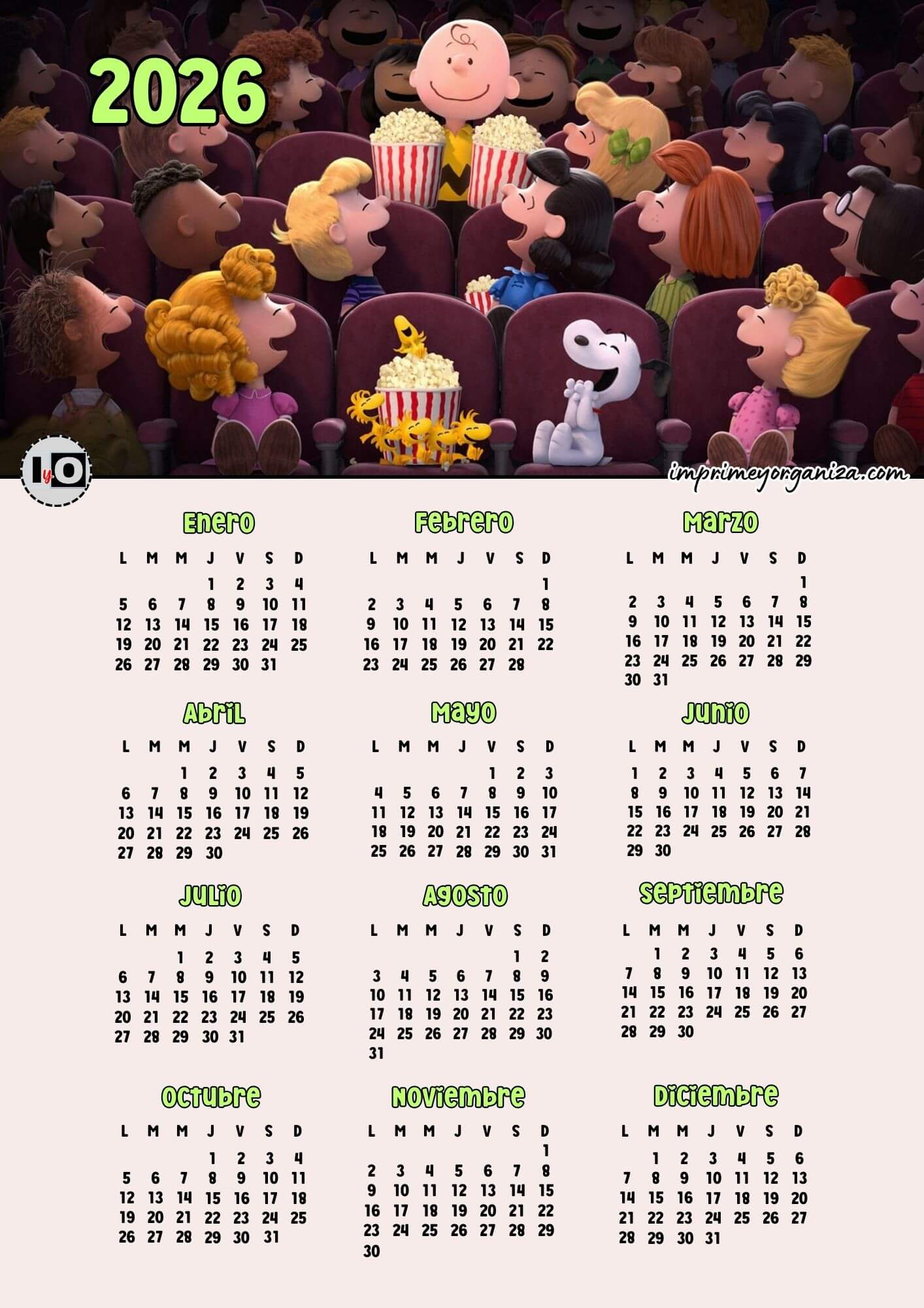 Calendario 2026 Snoopy Cine