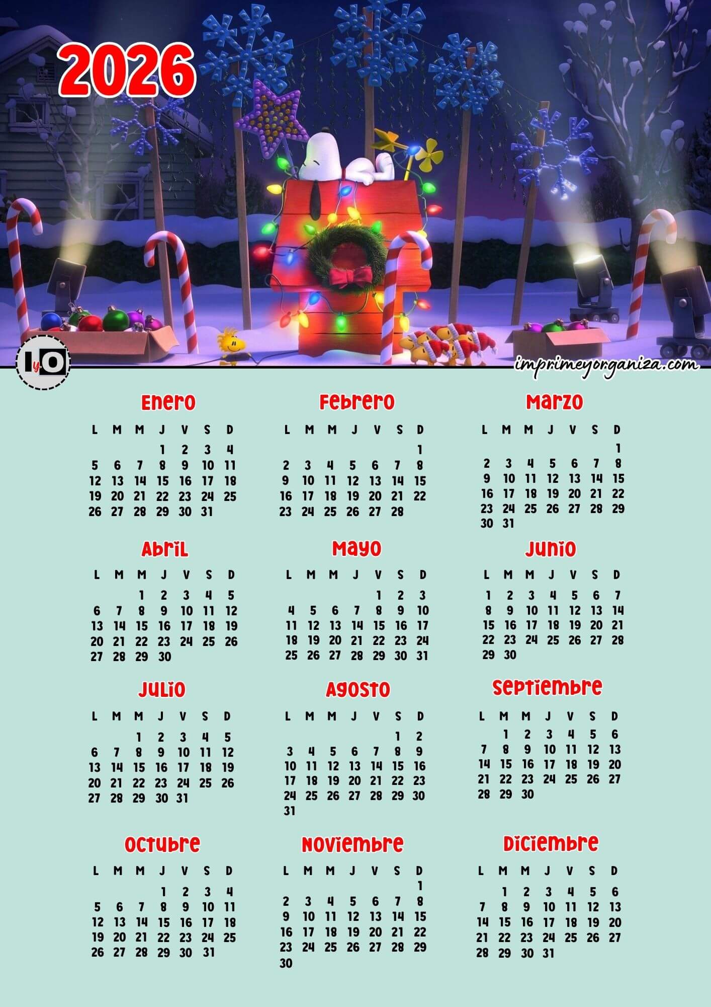 Calendario 2026 Snoopy Navidad