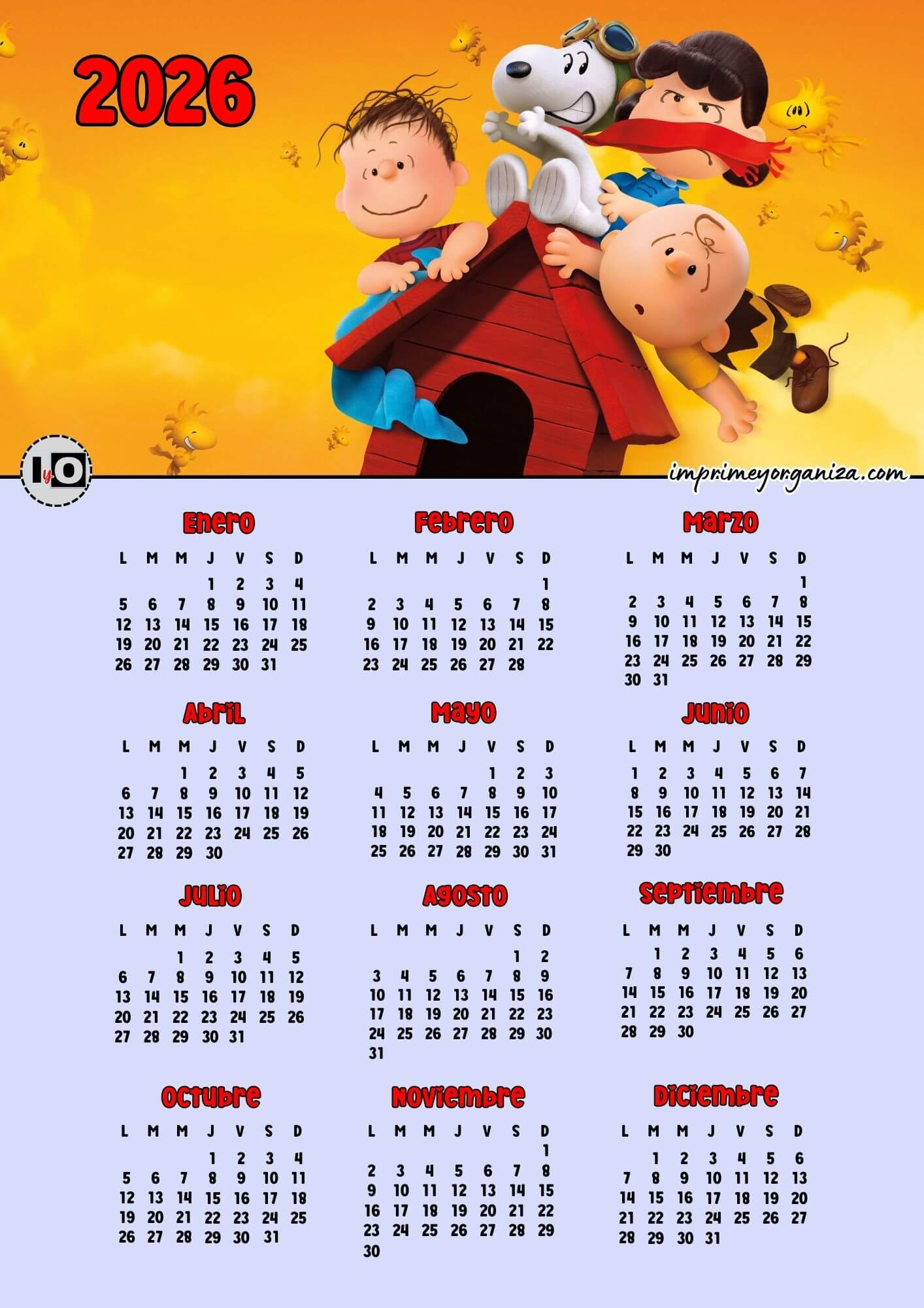 Calendario 2026 Snoopy y Amigos