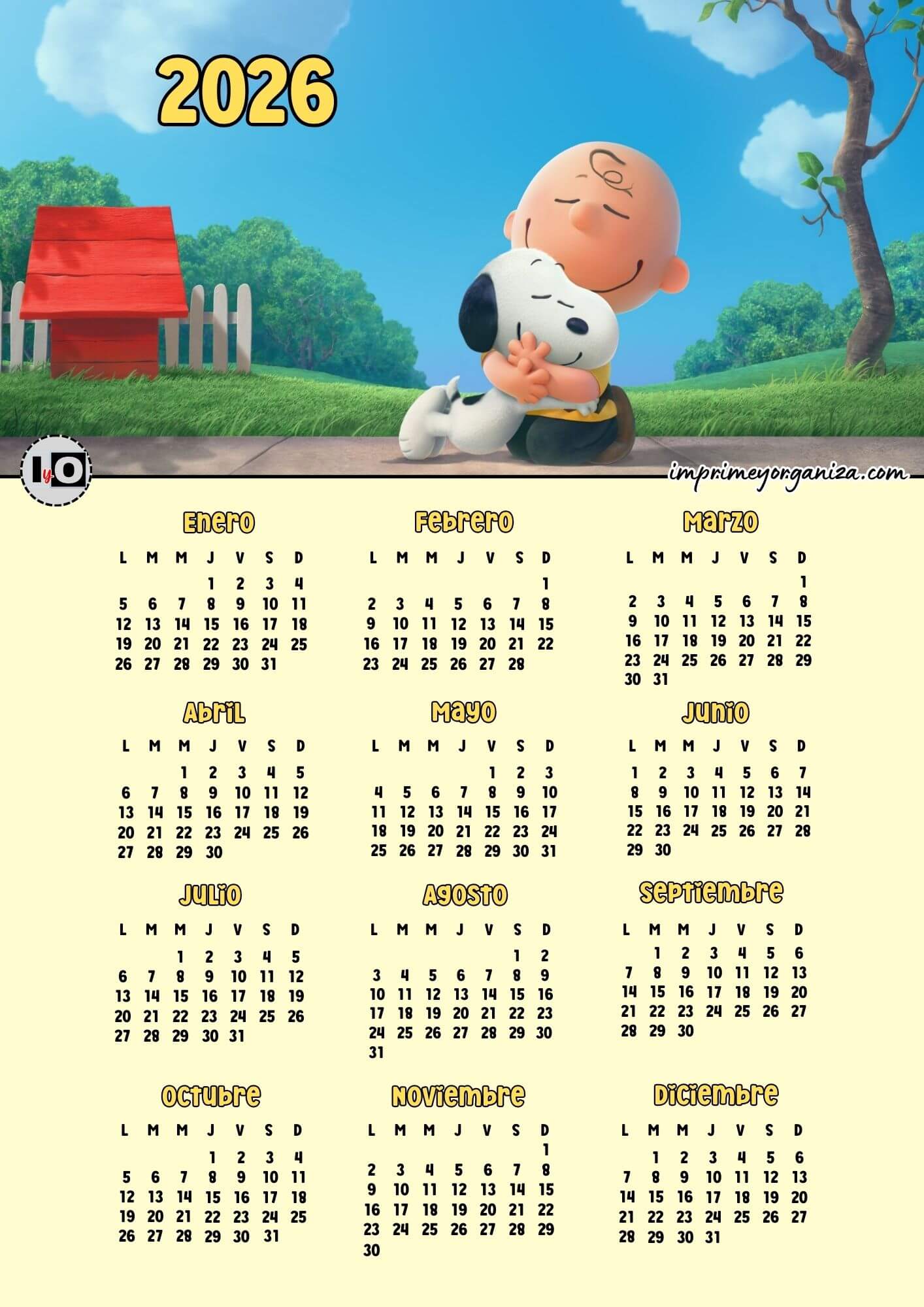 Calendario 2026 Snoopy y Carlitos