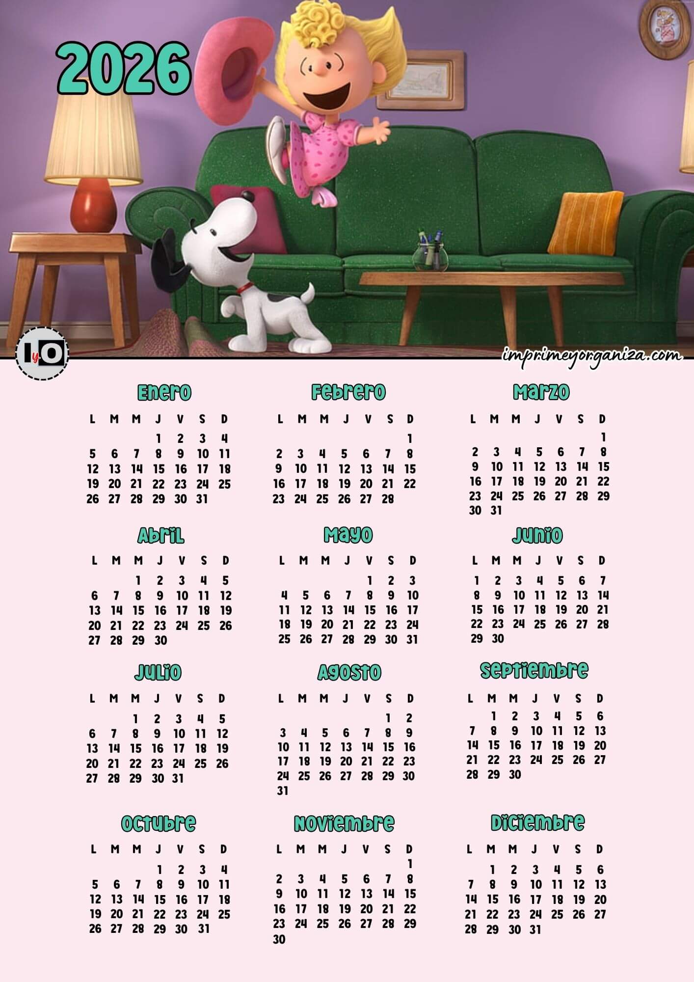Calendario 2026 Snoopy y Sally