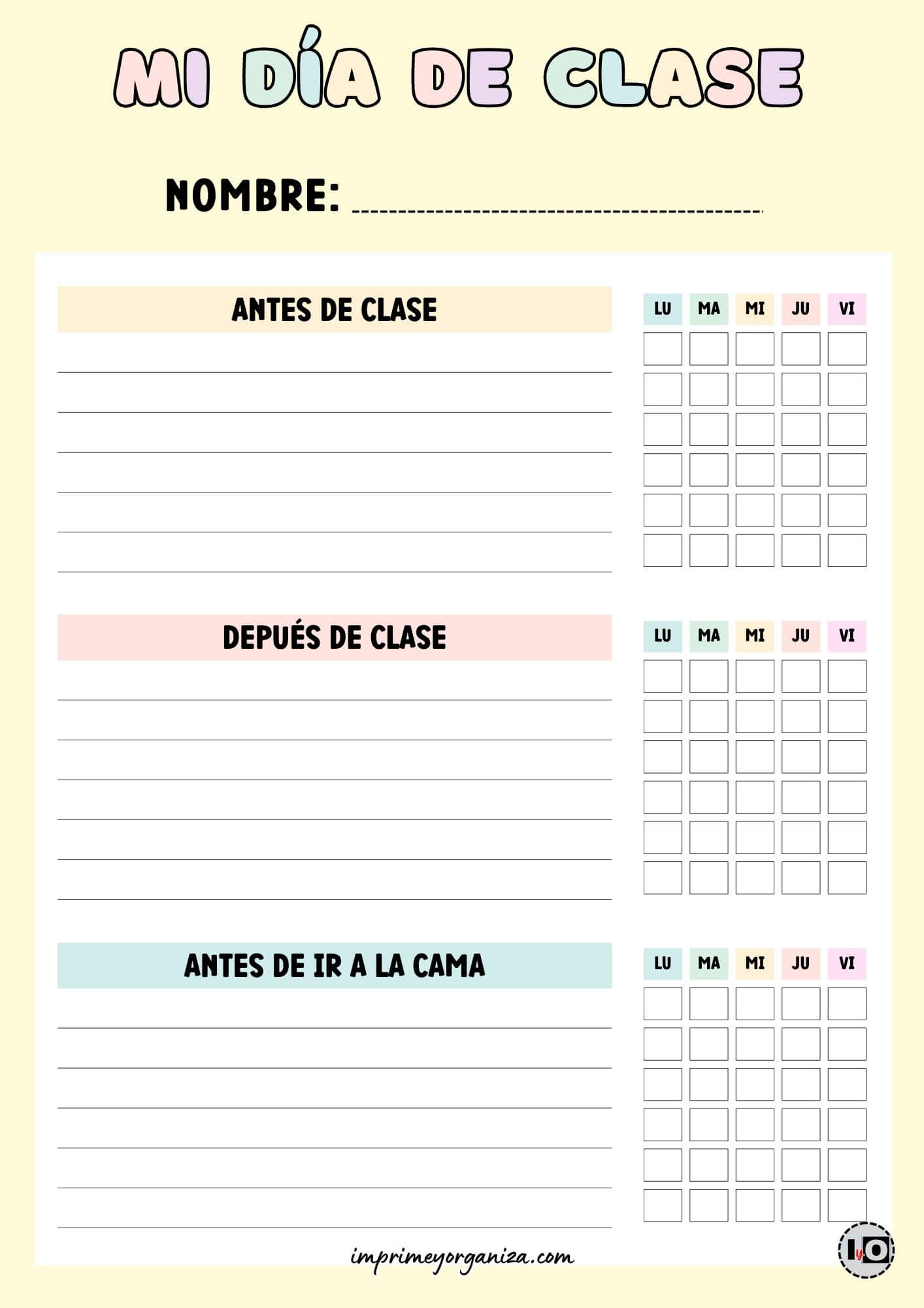 Organizador de tareas infantiles Día de clase amarillo