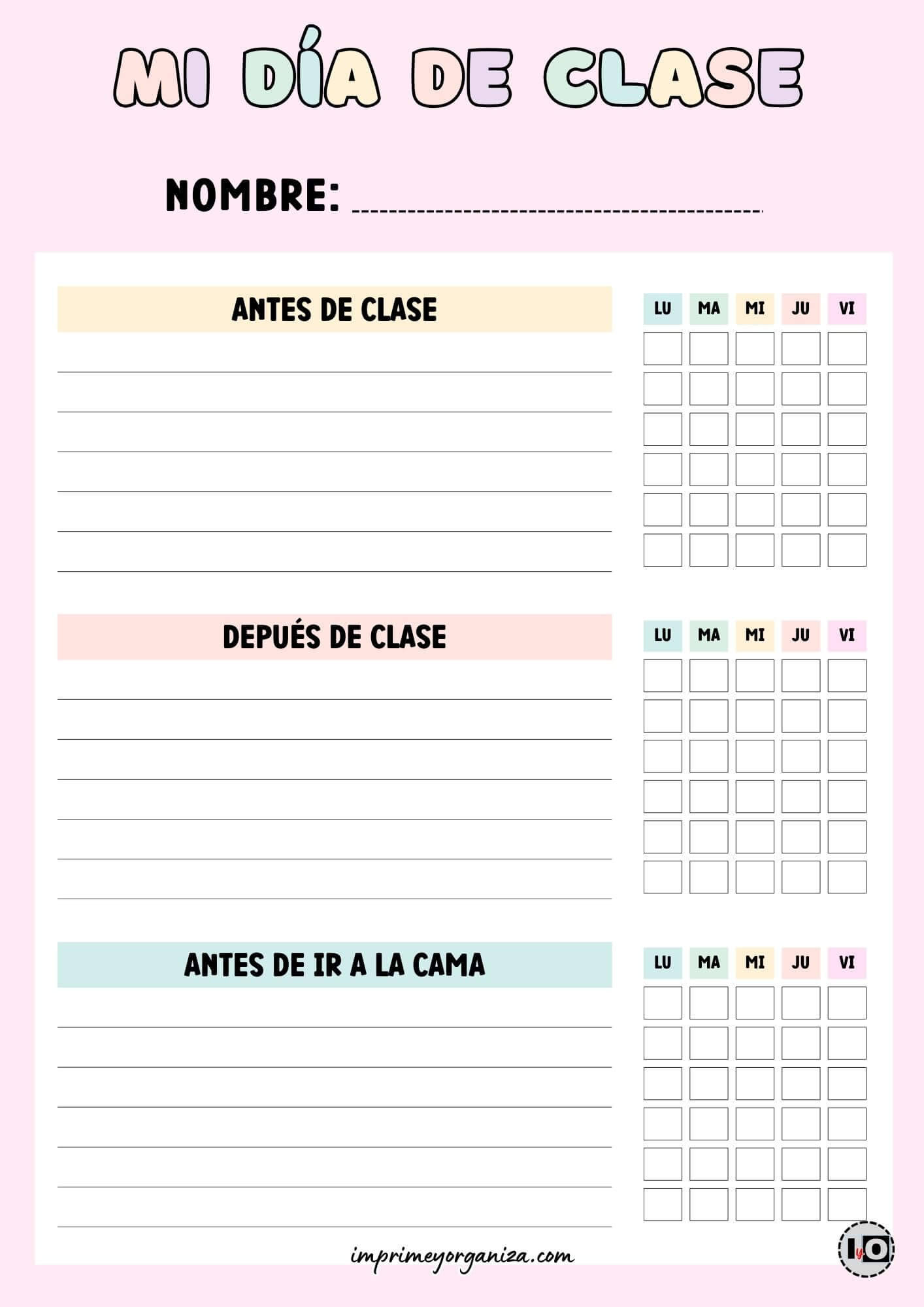 Organizador de tareas infantiles Día de clase rosa