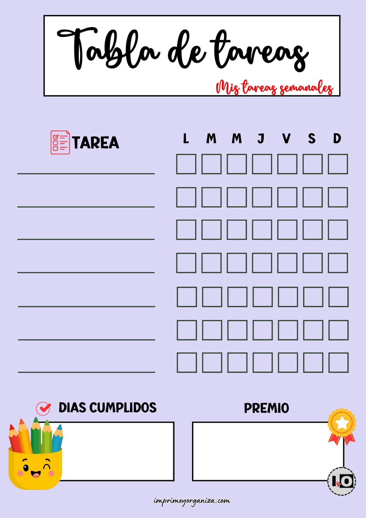 Tabla de Tareas Rellenable Lila