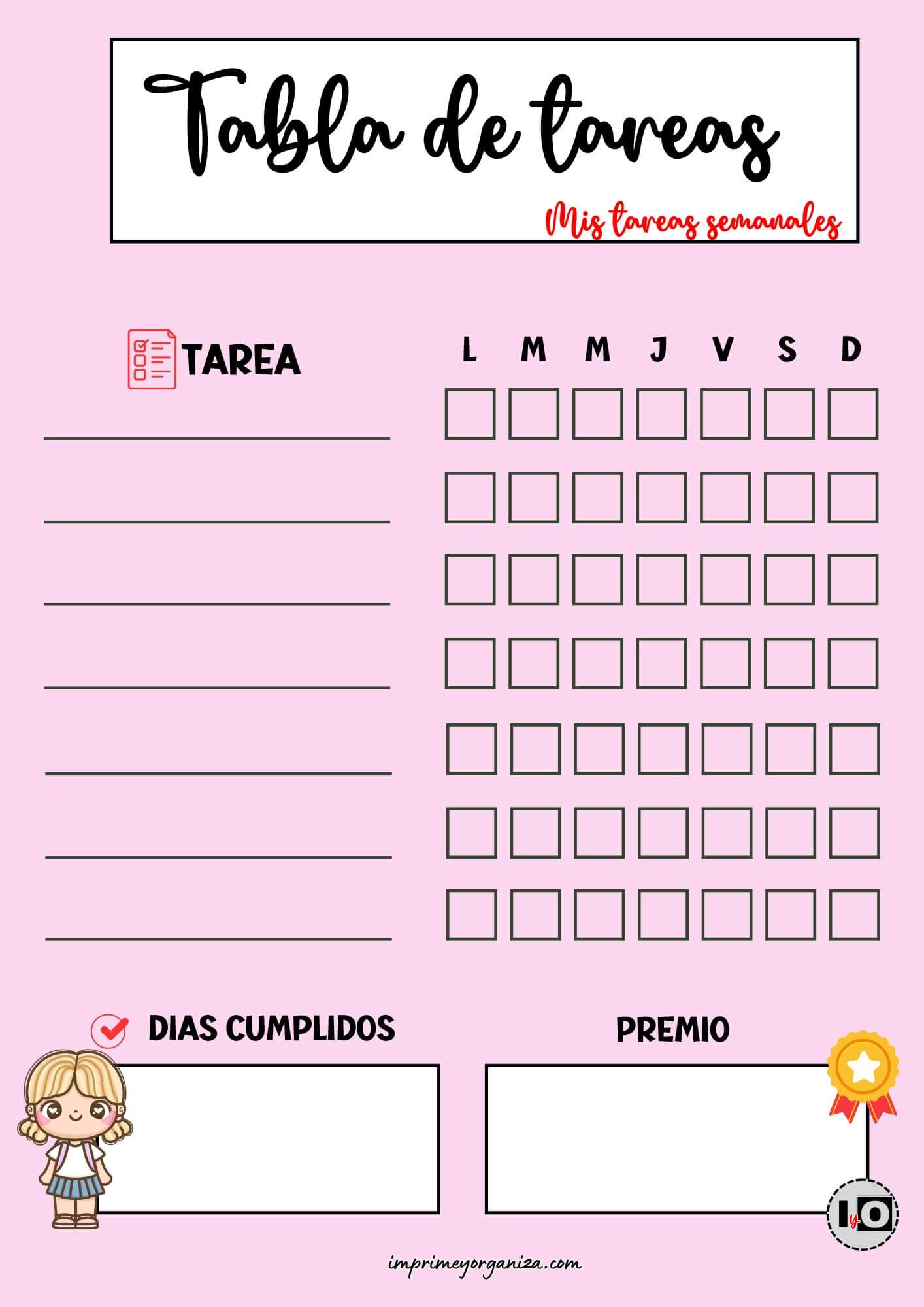 Tabla de Tareas Rellenable Rosa