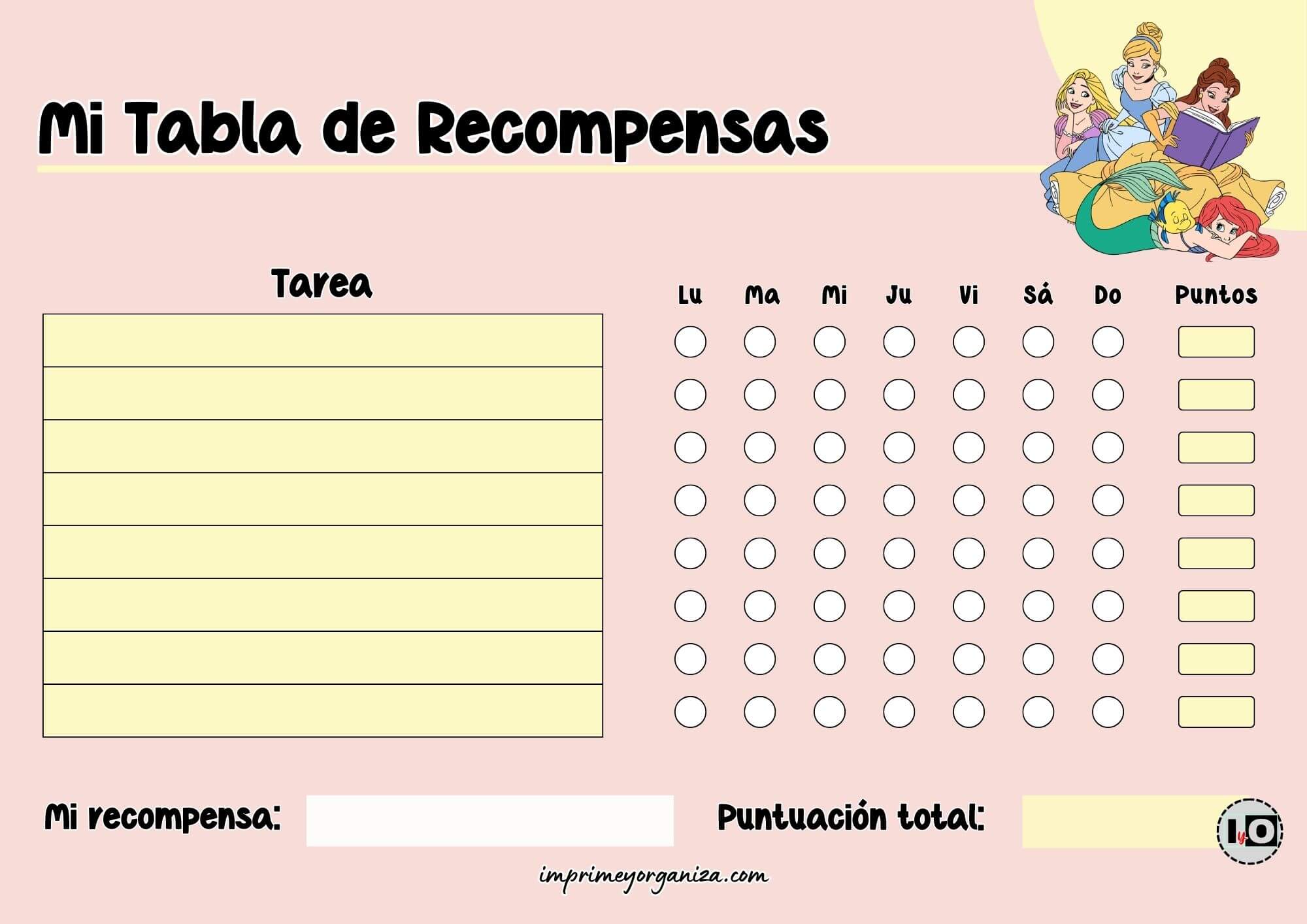 Tabla de recompensas Princesas