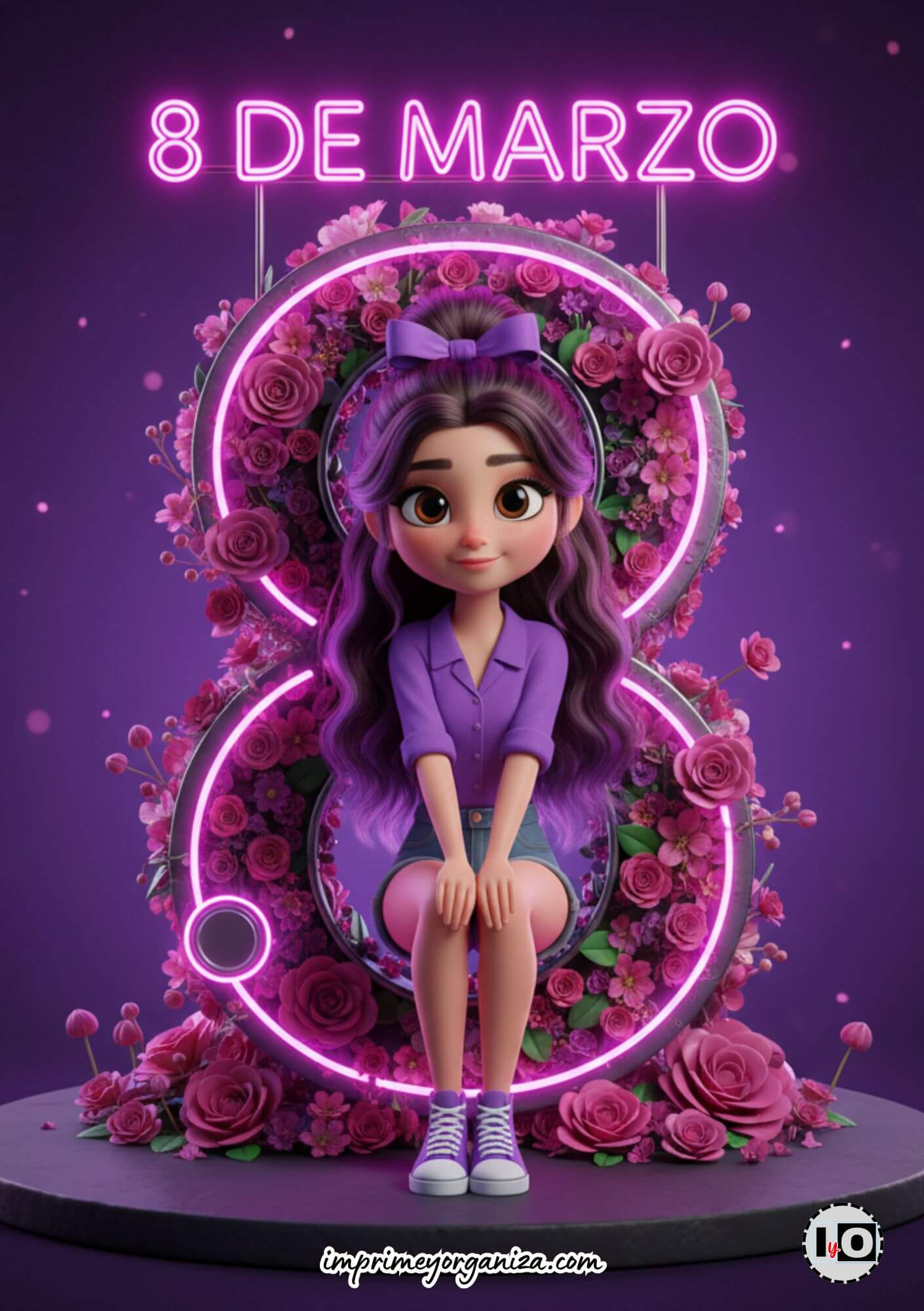 Tarjeta para el 8 de marzo con diseño de flores 3D y número ocho en color neón sobre fondo oscuro.