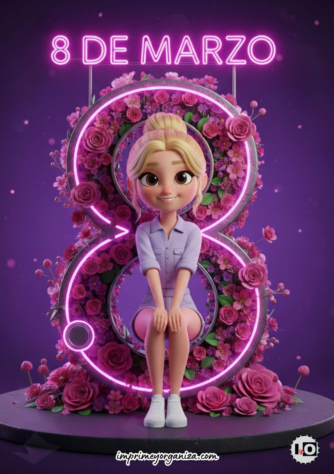 Fondo para el 8 de marzo con el número ocho entrelazado con flores brillantes estilo futurista.