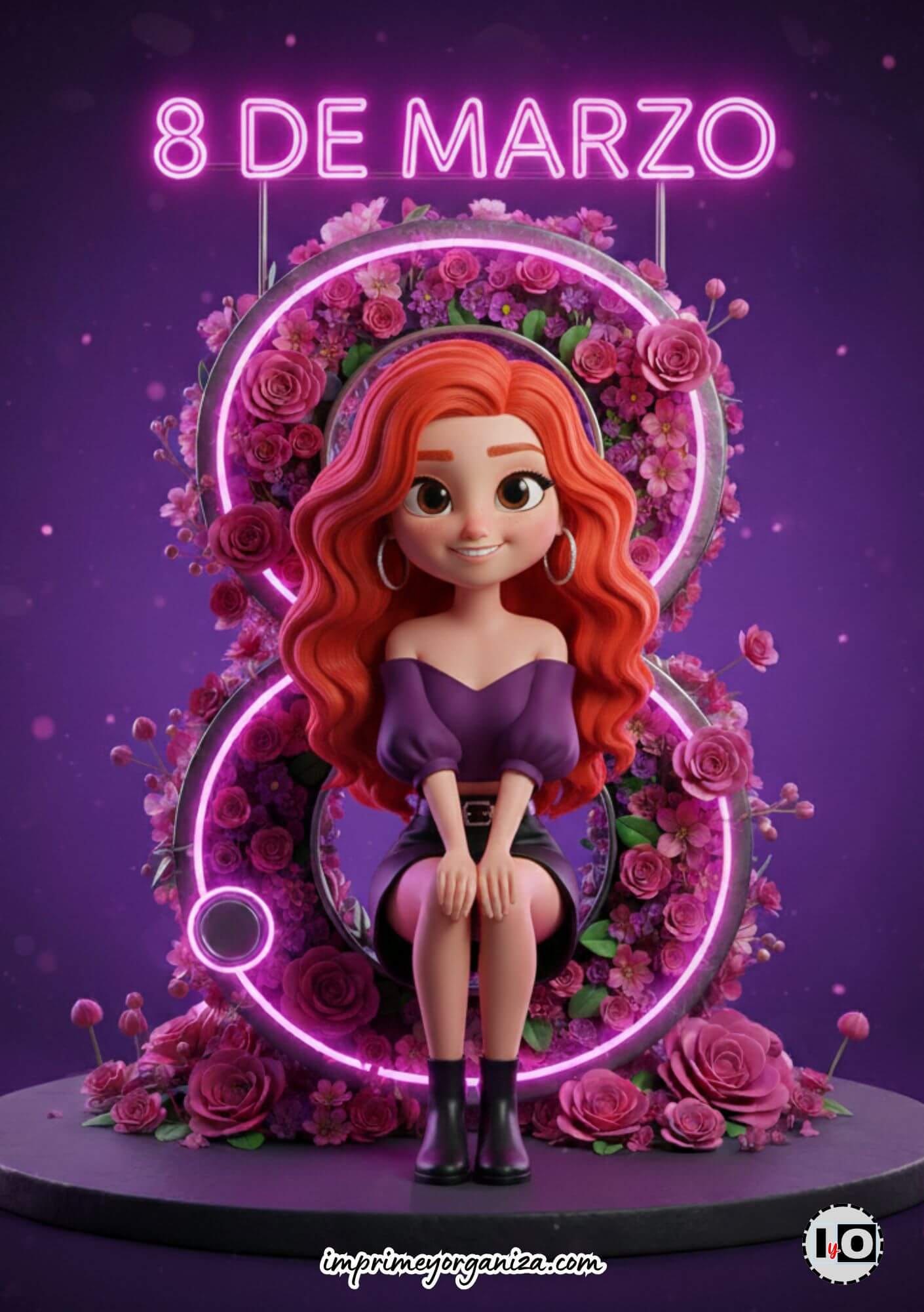 Imagen de felicitación para el 8 de marzo con estética de luces de neón y decoración floral elegante.