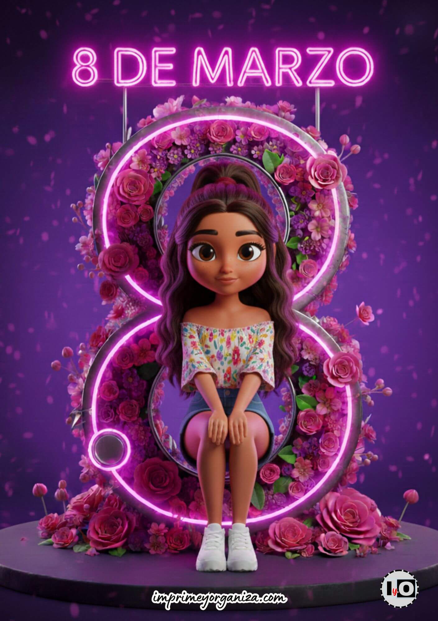 Tarjeta imprimible 8 de marzo con composición floral en tres dimensiones y colores vibrantes.