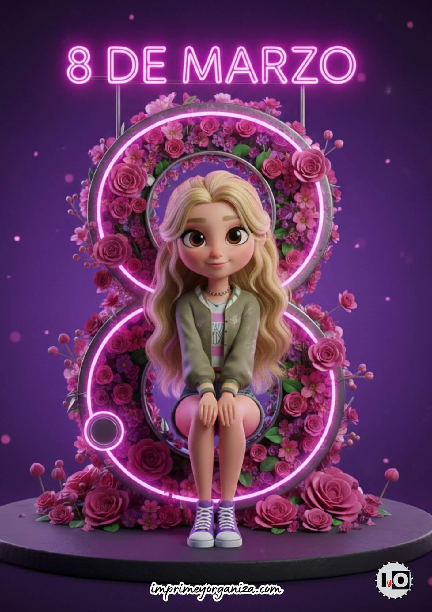 Diseño creativo para el Día de la Mujer con un ocho formado por pétalos y luces brillantes.