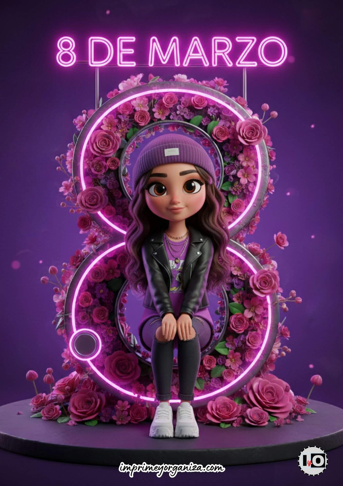 Ilustración moderna para el 8 de marzo con contraste de flores naturales y elementos gráficos neón.