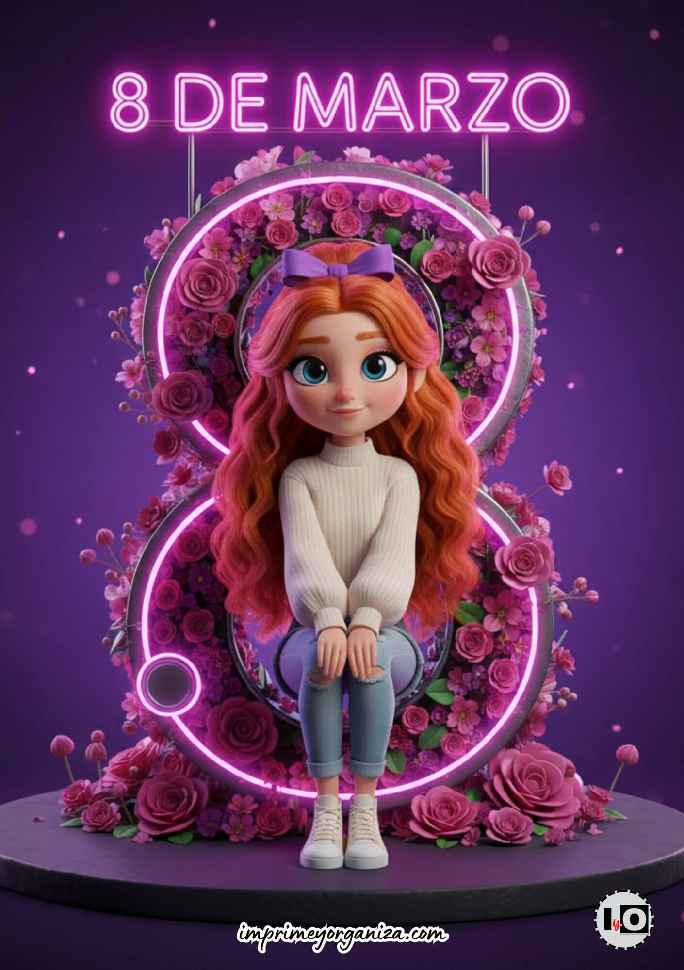 Tarjeta de felicitación digital para el 8 de marzo con diseño de impacto visual y temática floral 3D.