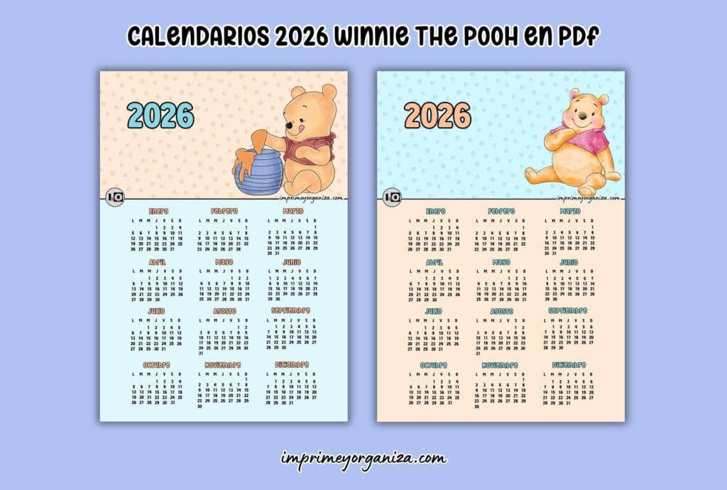 calendarios 2026 winnie the pooh en pdf gratis