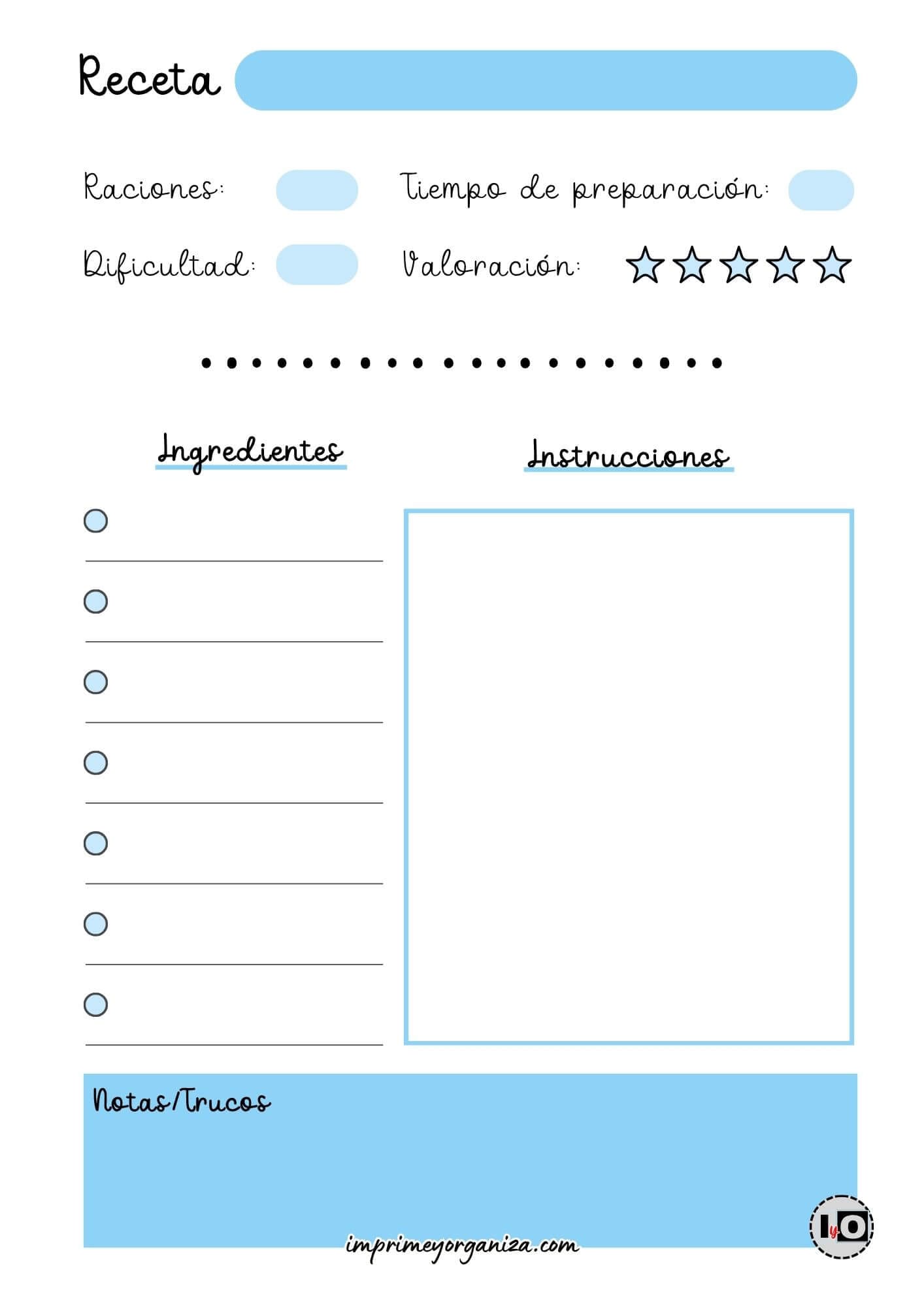 Hoja de receta minimalista azul