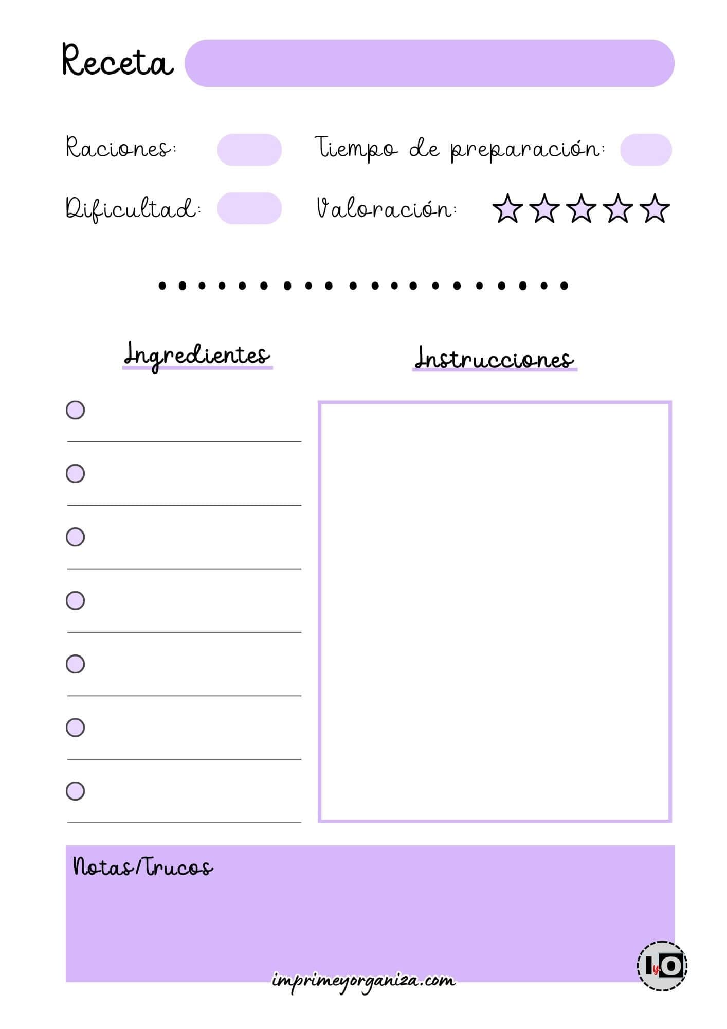 Hoja de receta minimalista lila