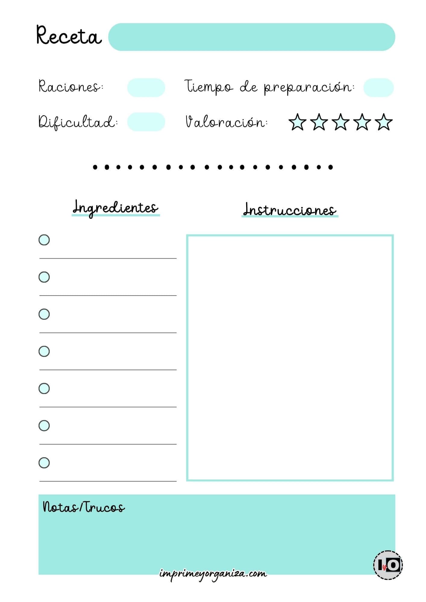 Hoja de receta minimalista turquesa
