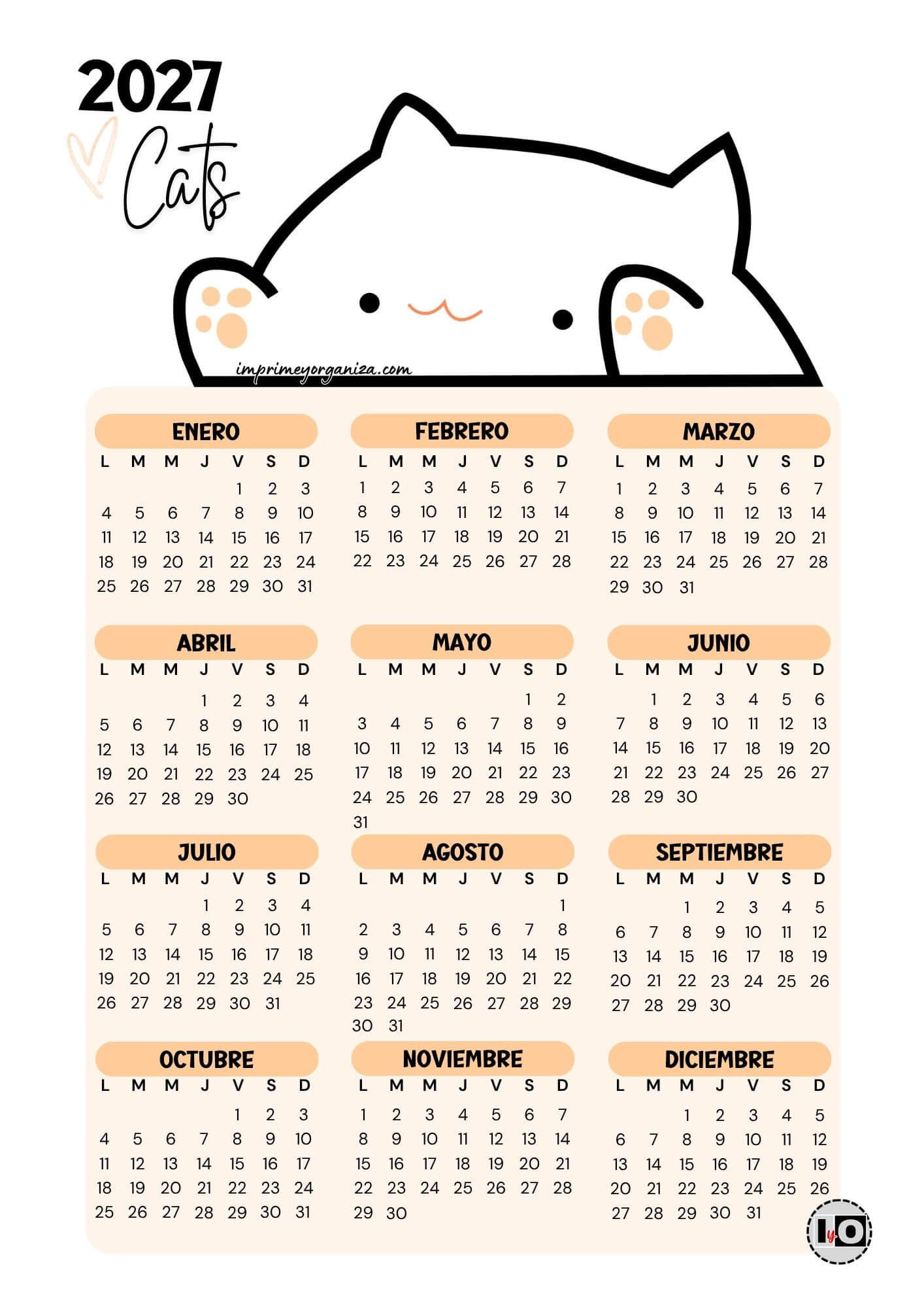 Calendario 2027 Love Cats Naranja