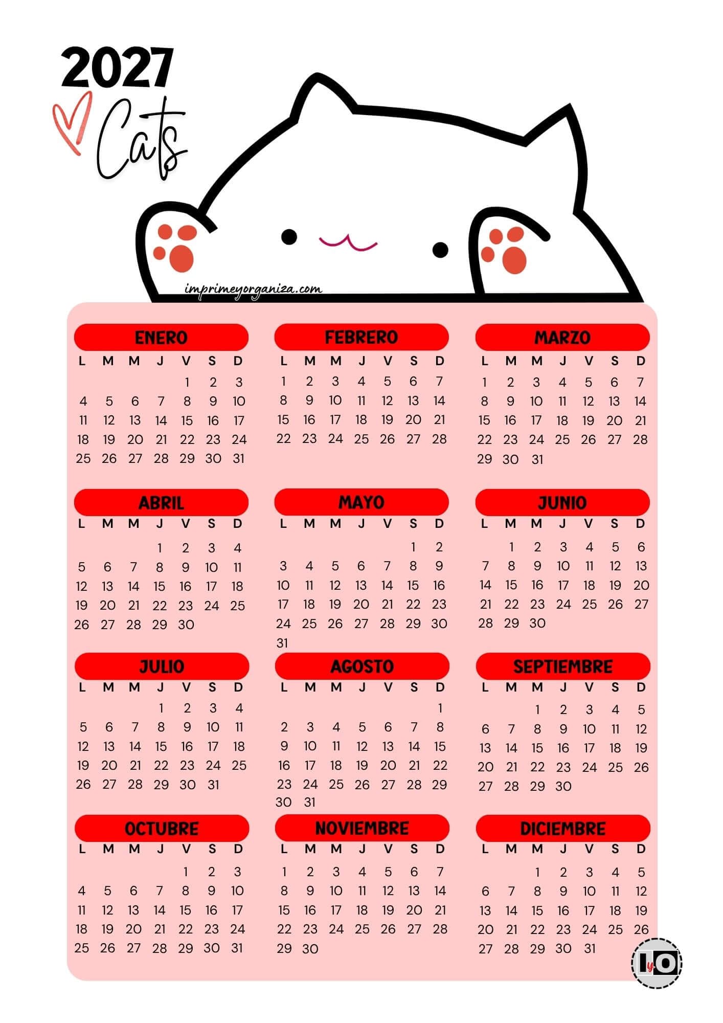 Calendario 2027 Love Cats Rojo