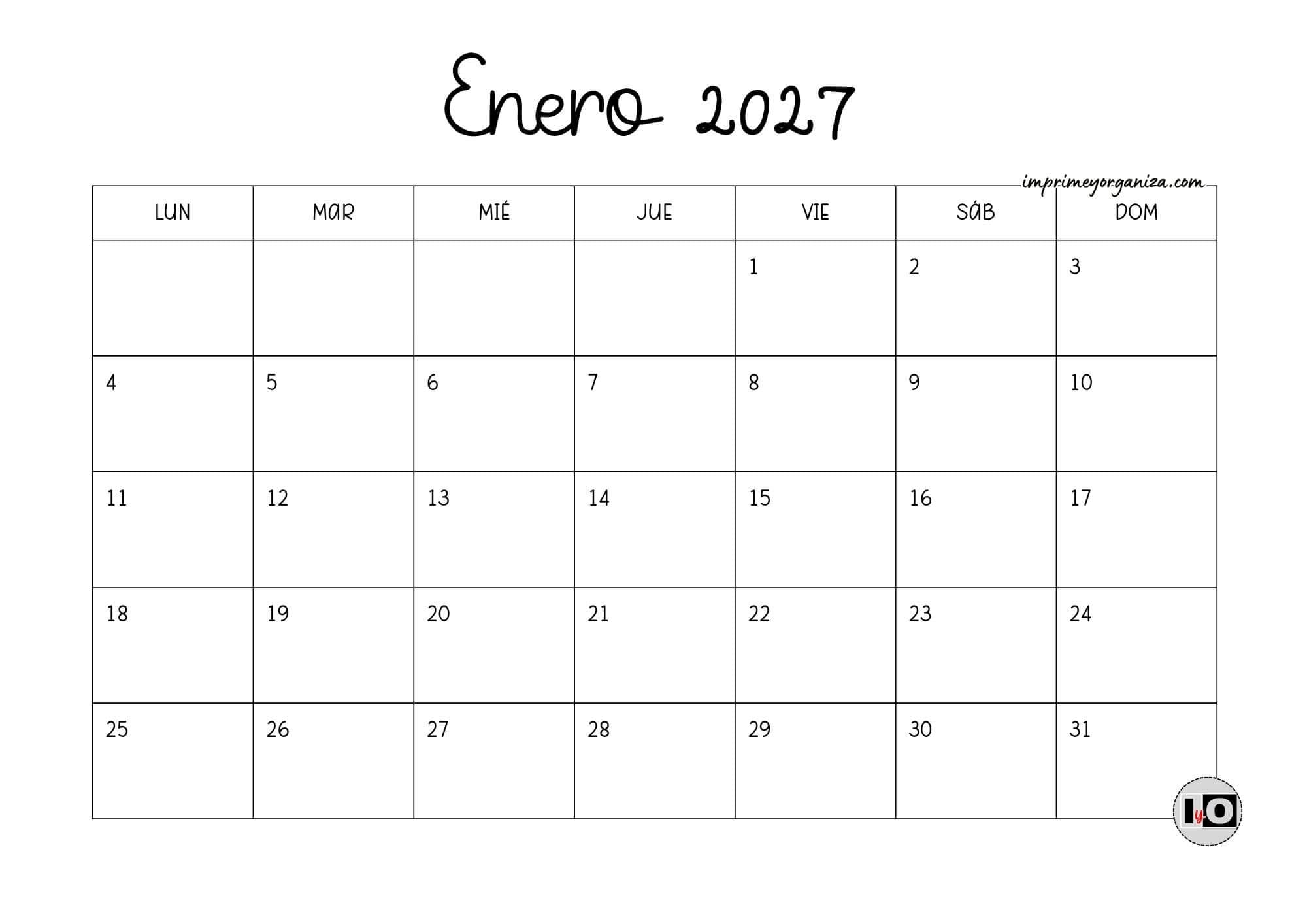 Calendario Mensual 2027 Blanco