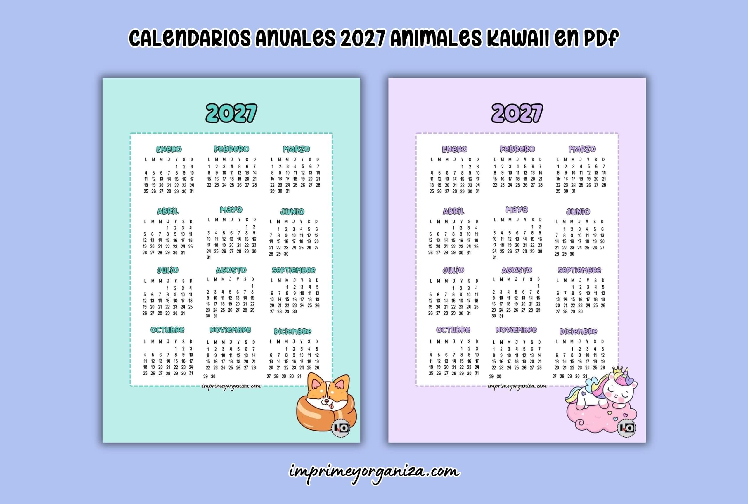 calendarios anuales 2027 de animales kawaii para imprimir en PDF gratis