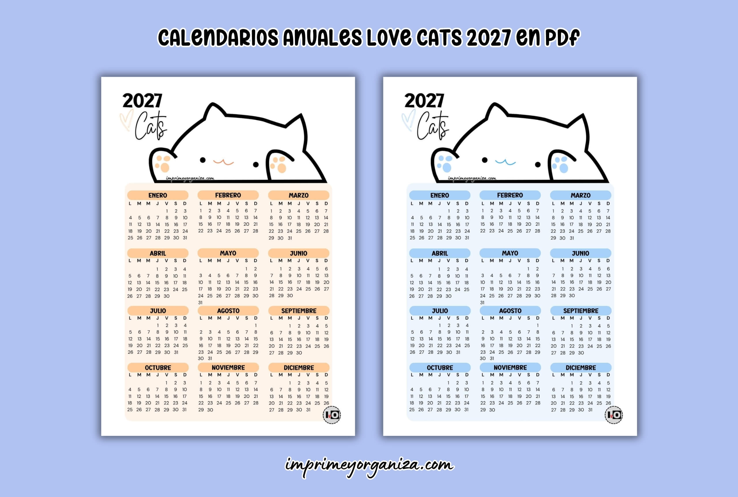 calendarios anuales 2027 love cats para imprimir en PDF gratis