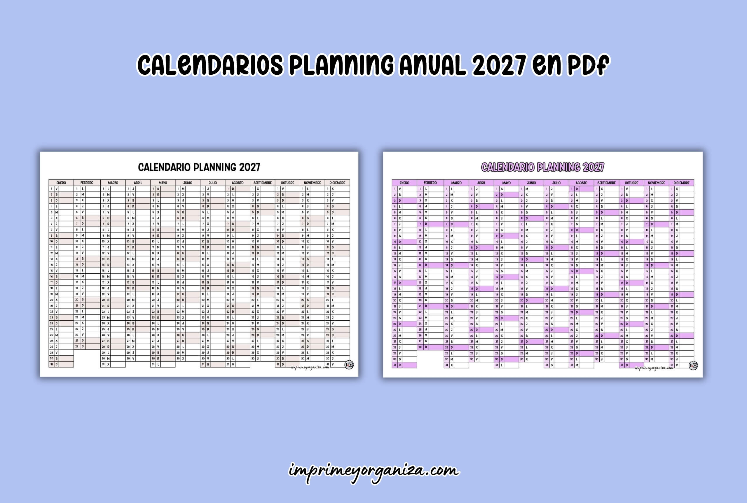 calendarios anuales 2027 tipo planning para imprimir en PDF gratis
