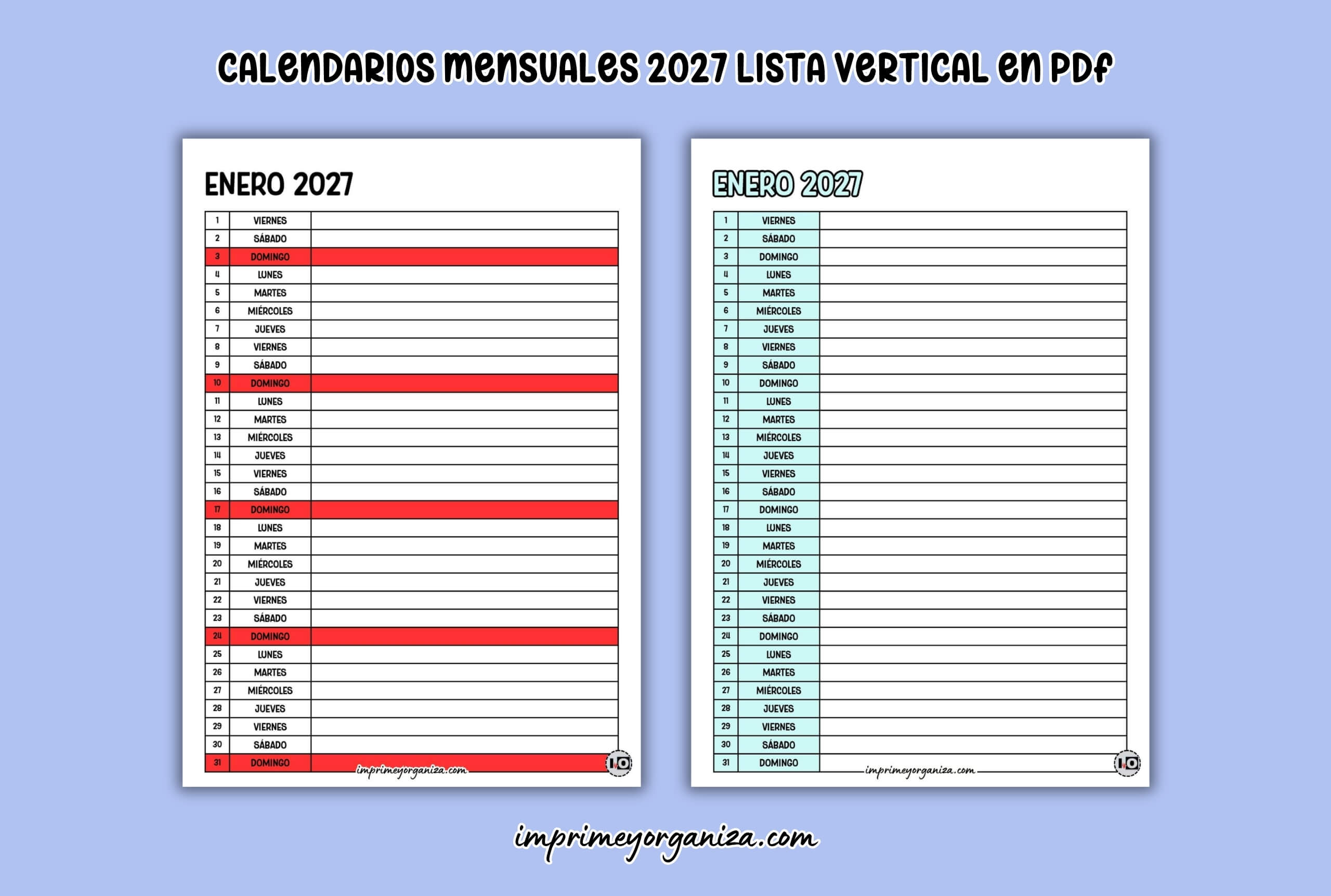 calendarios mensuales lista vertical 2027 para imprimir gratis