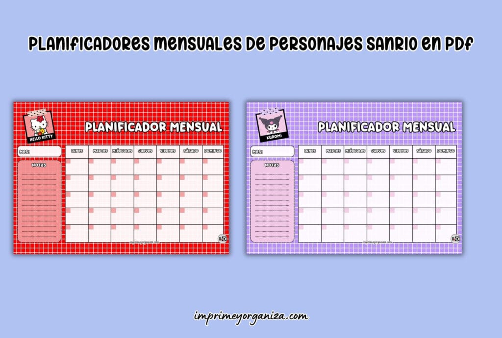 organizadores mensuales de personajes sanrio para imprimir en PDF gratis