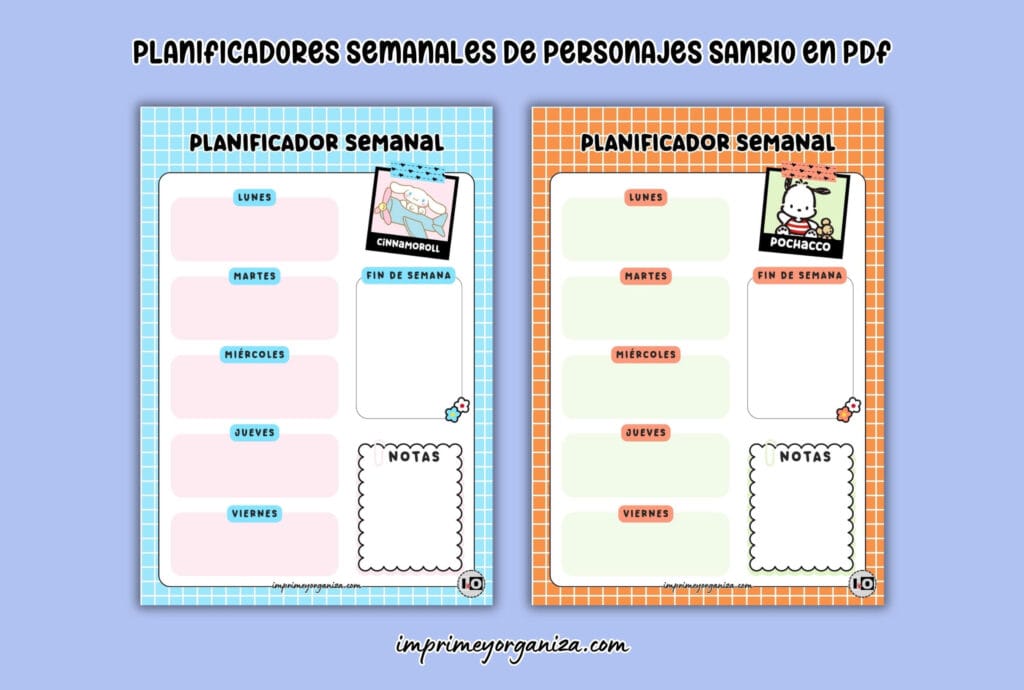 organizadores semanales de personajes sanrio para imprimir en PDF gratis