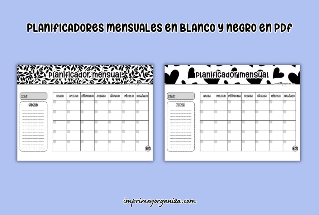 planificadores mensuales en blanco y negro para imprimir gratis