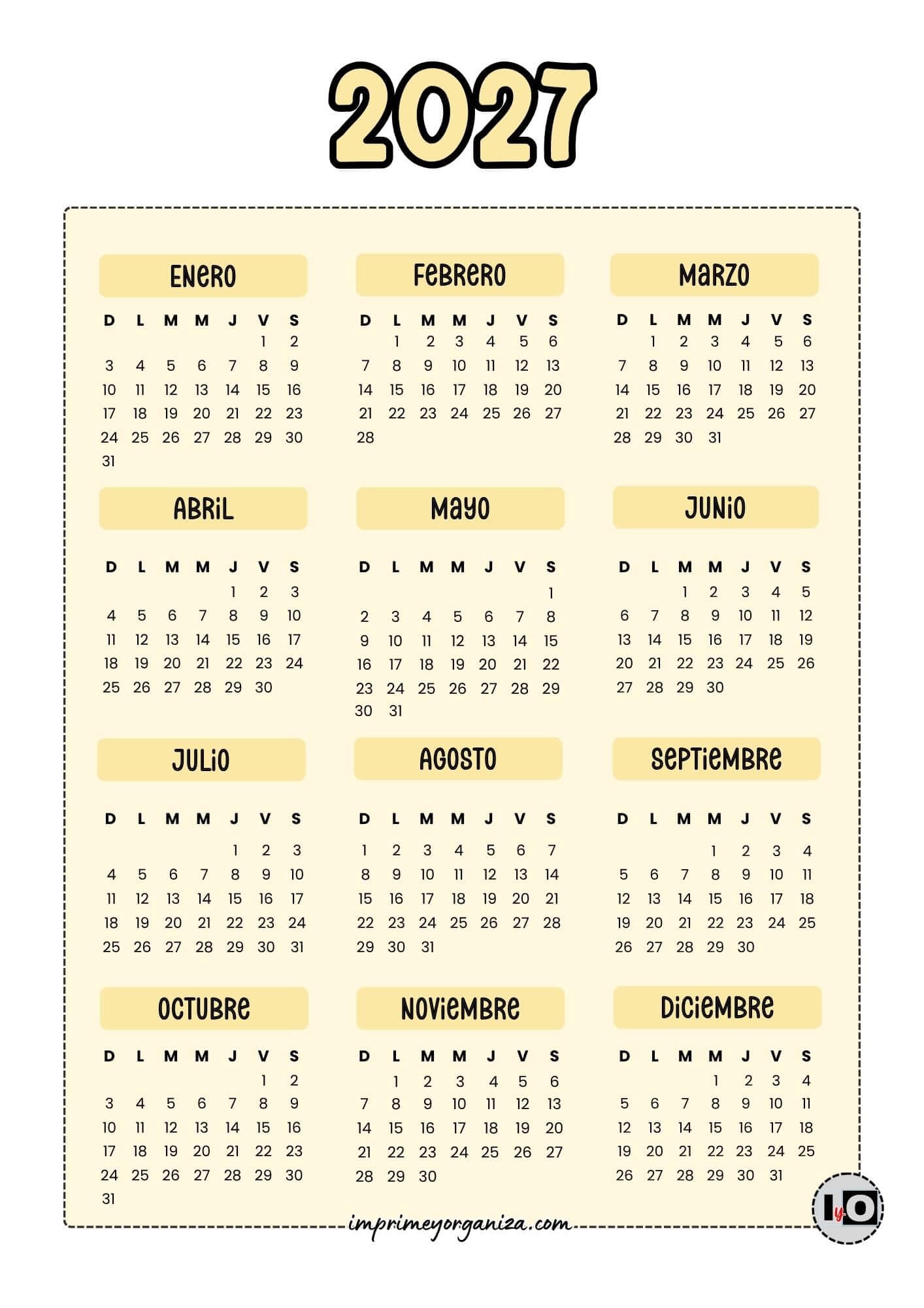 Calendario 2027 Inicio Domingo Amarillo