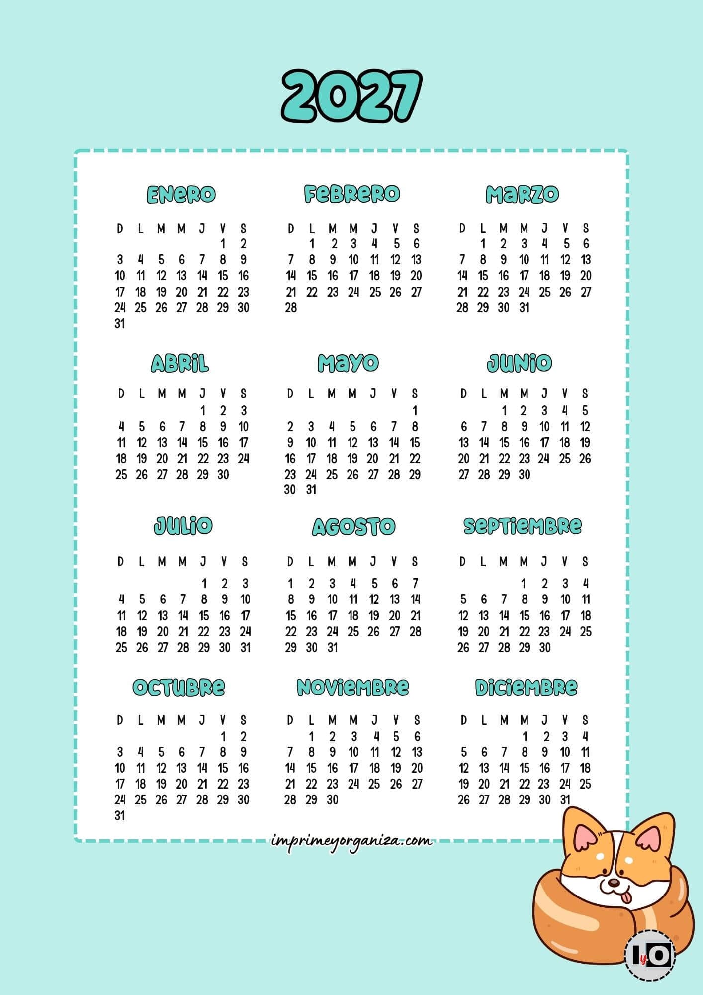 Calendario 2027 Inicio Domingo Corgi Cute
