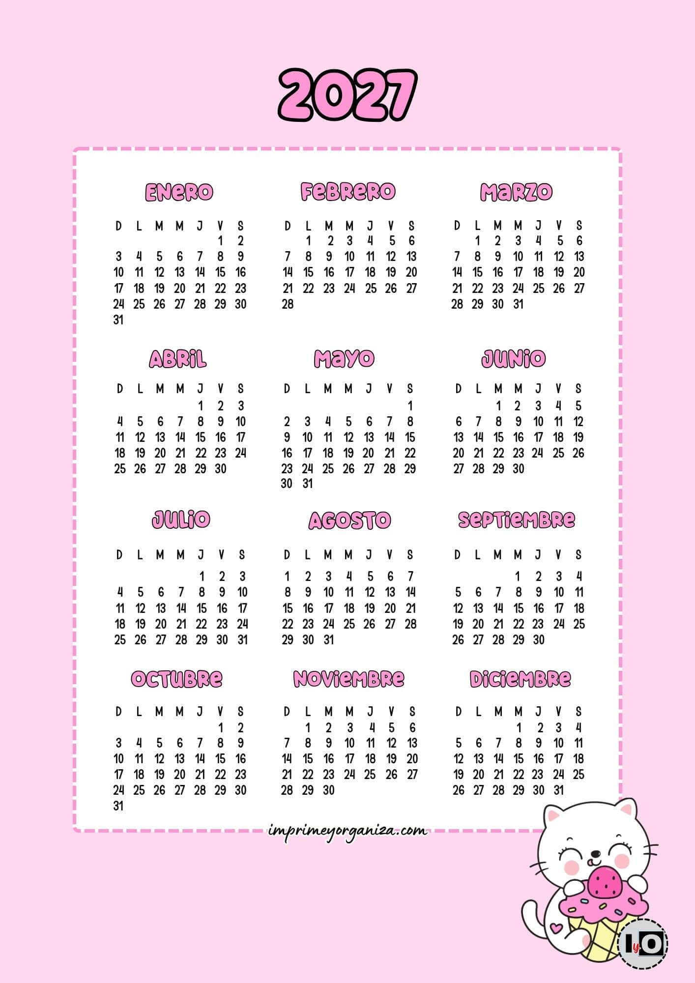 Calendario 2027 Inicio Domingo Gatita Cute