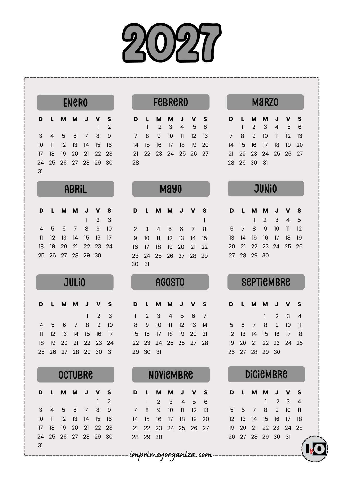 Calendario 2027 Inicio Domingo Gris
