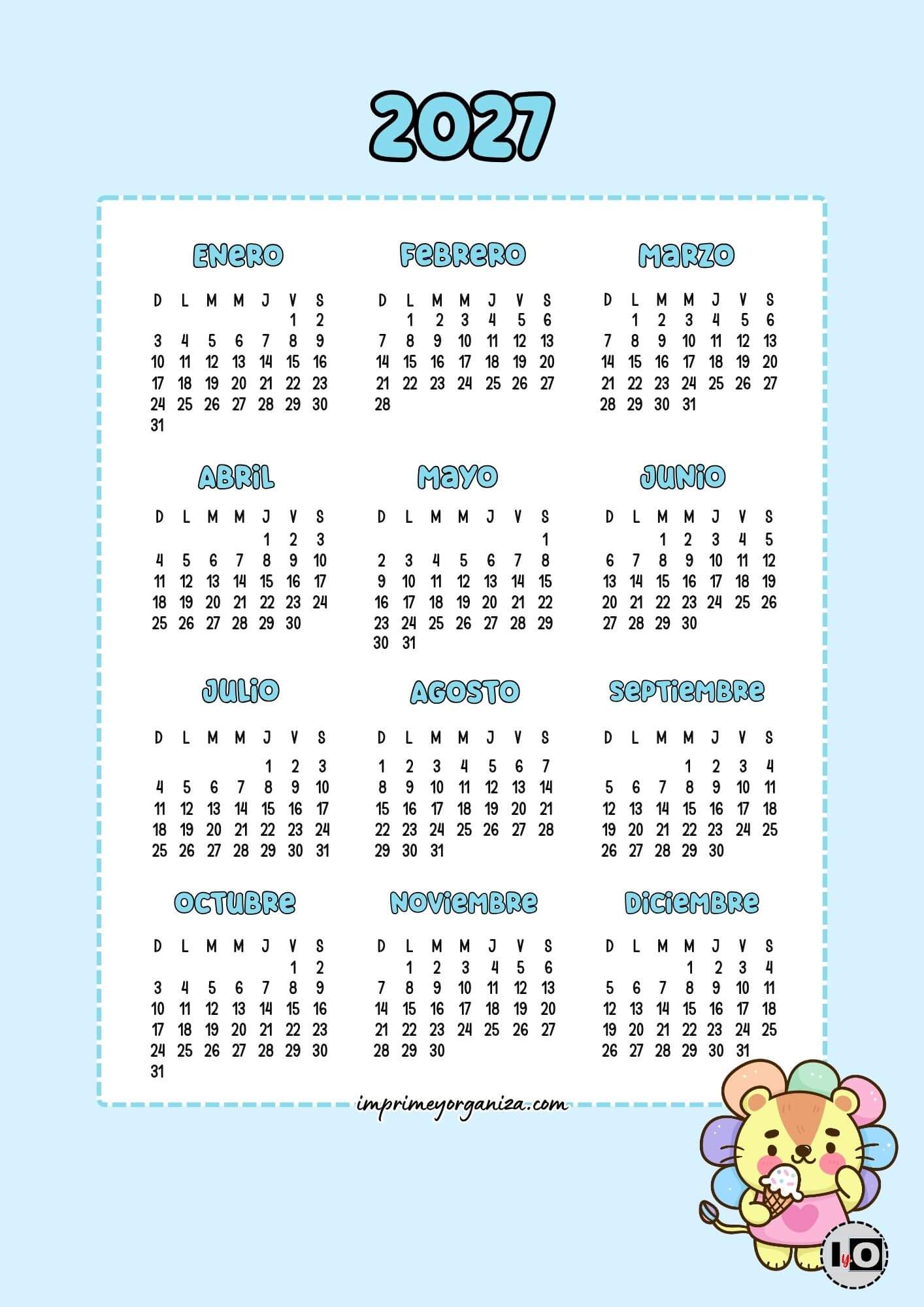 Calendario 2027 Inicio Domingo León Cute