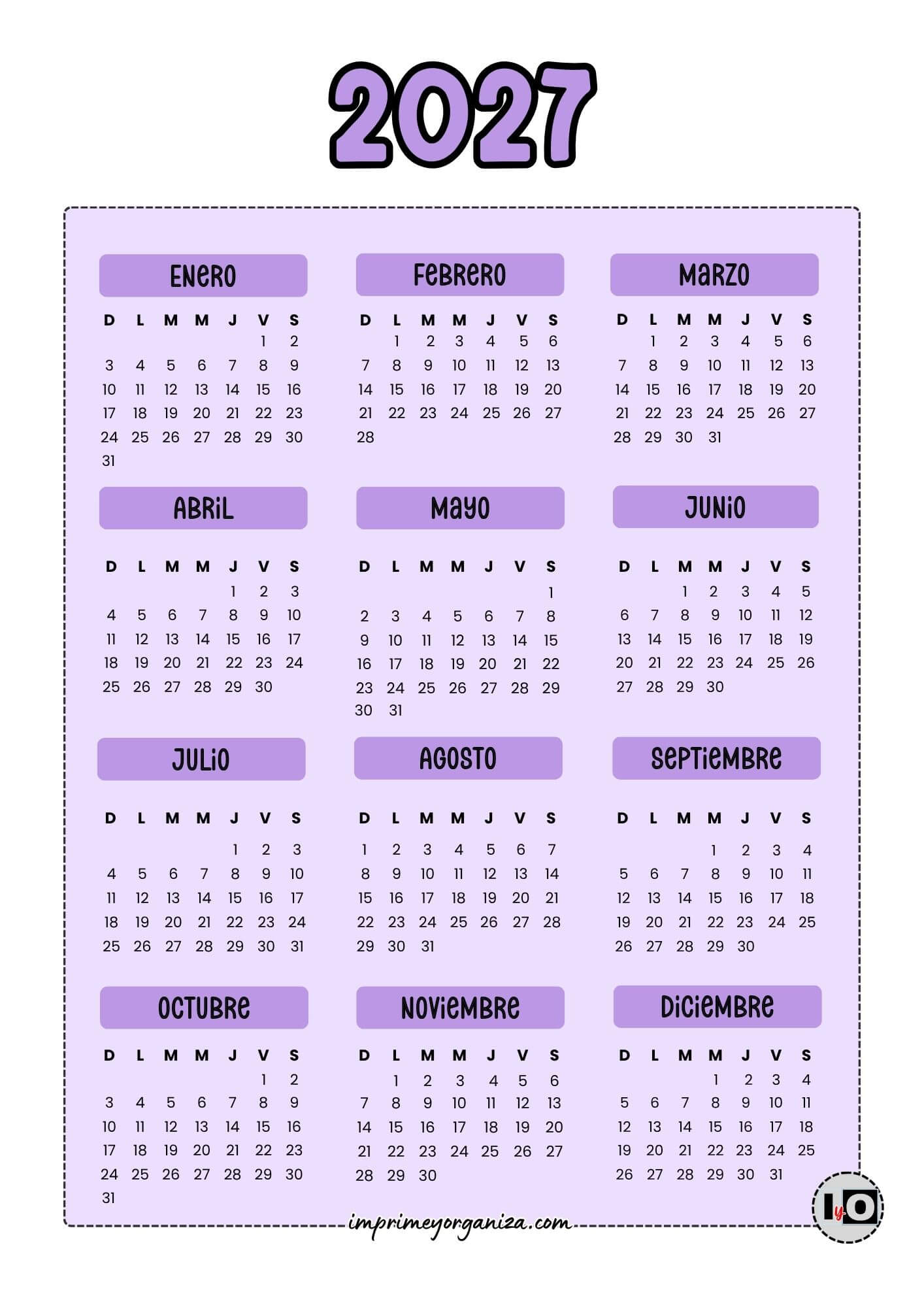 Calendario 2027 Inicio Domingo Lila