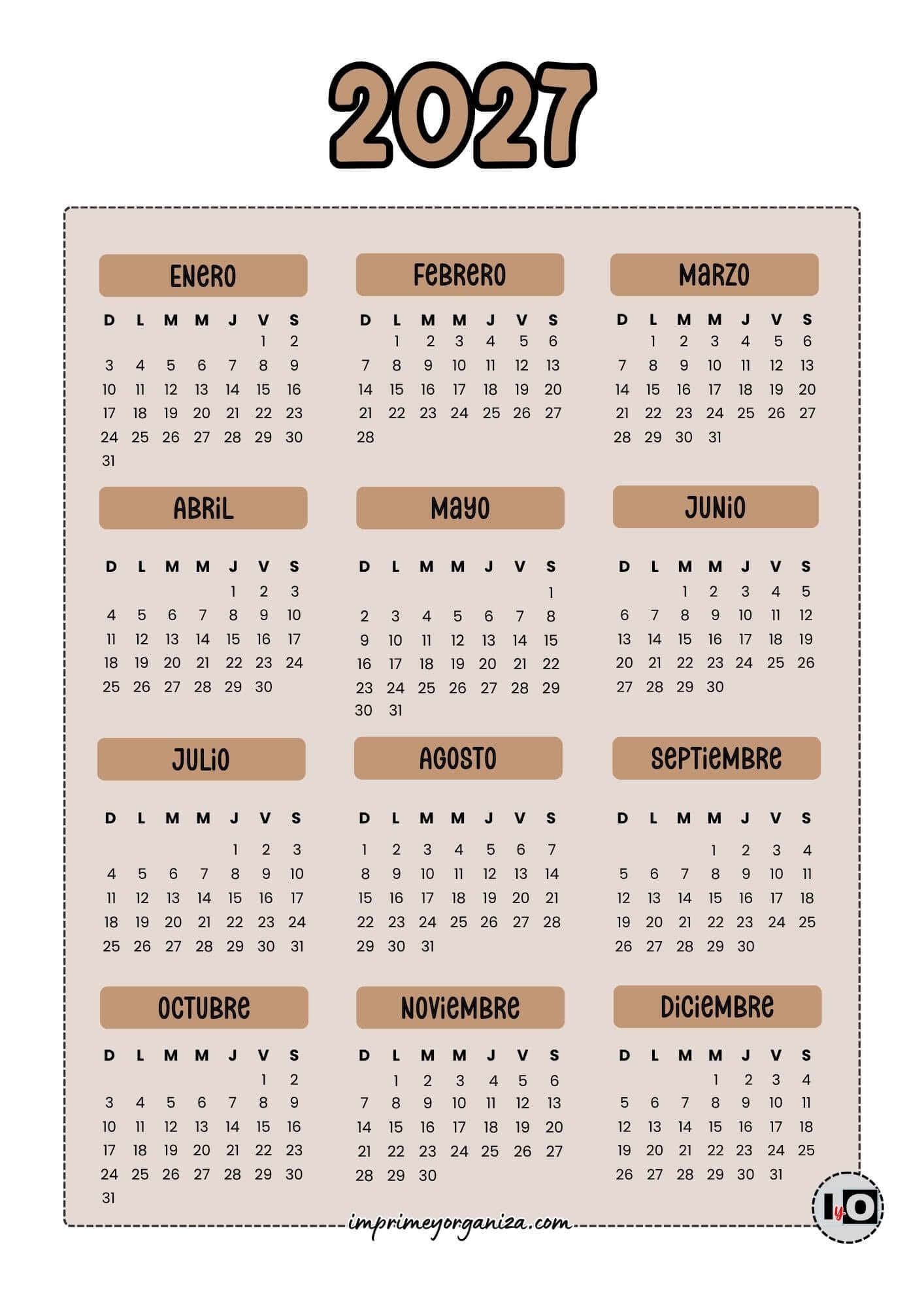 Calendario 2027 Inicio Domingo Marrón