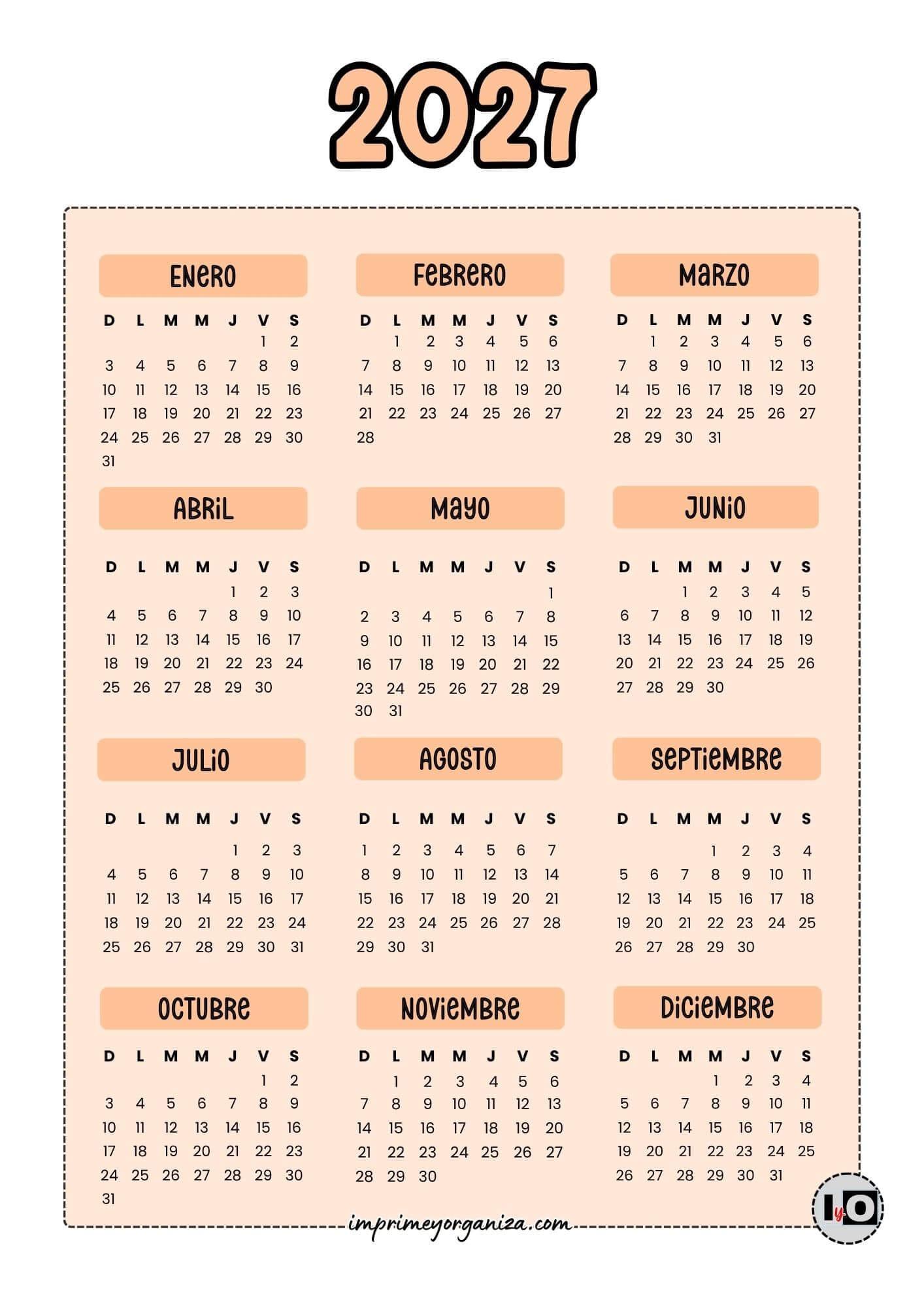 Calendario 2027 Inicio Domingo Naranja