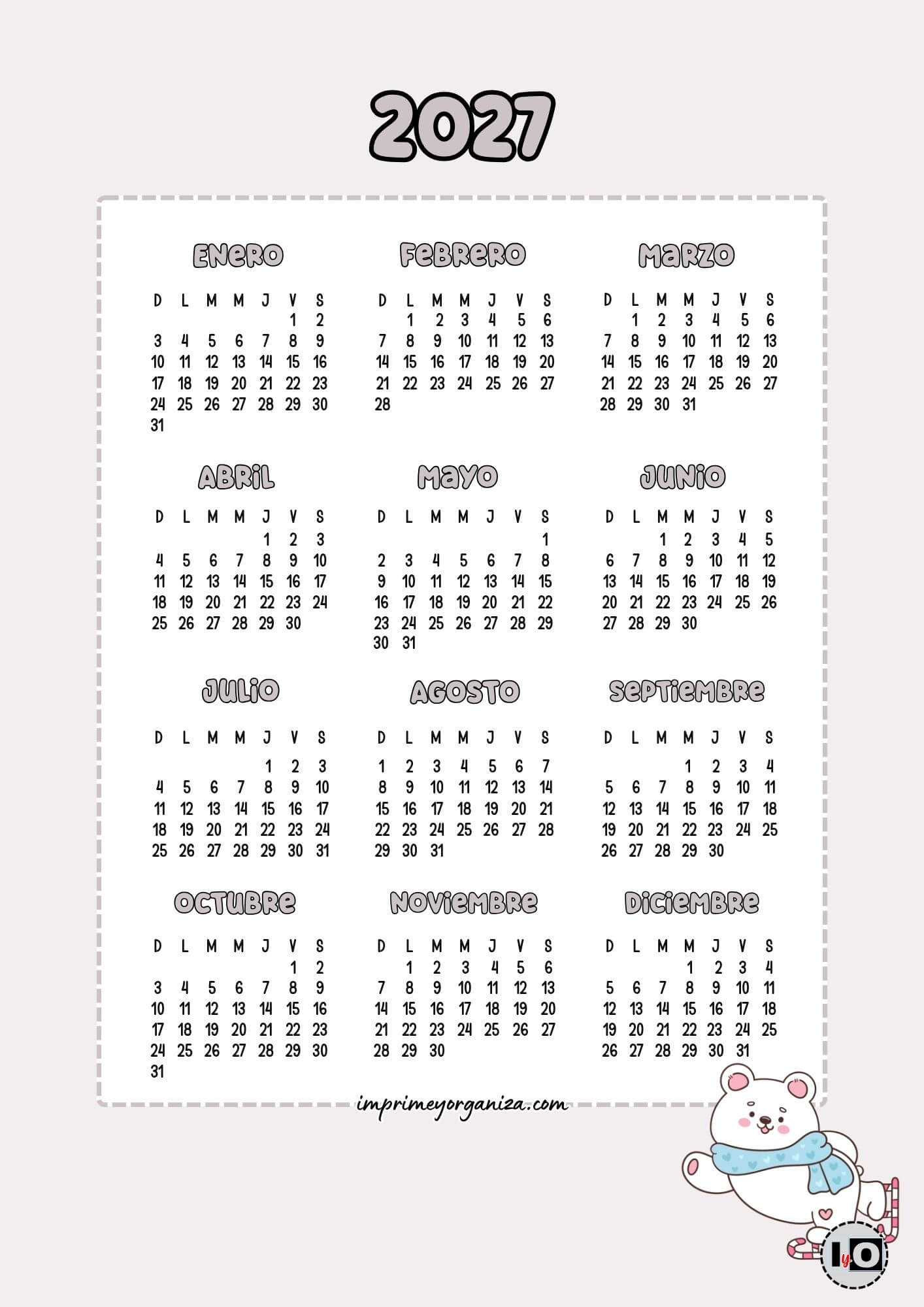 Calendario 2027 Inicio Domingo Oso Polar Cute