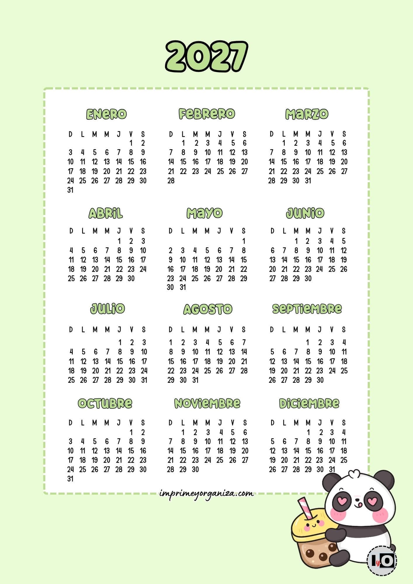 Calendario 2027 Inicio Domingo Panda Cute