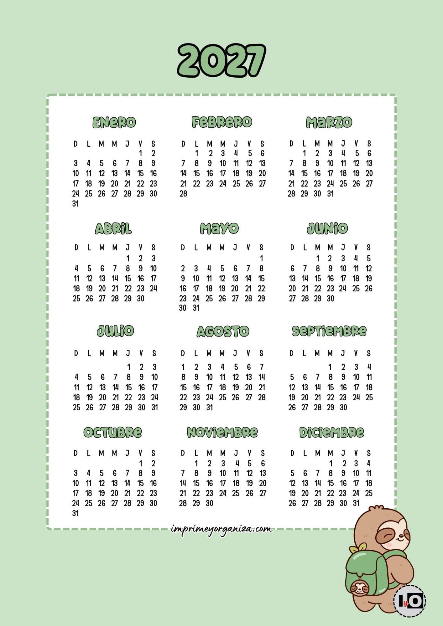 Calendario 2027 Inicio Domingo Perezoso Cute