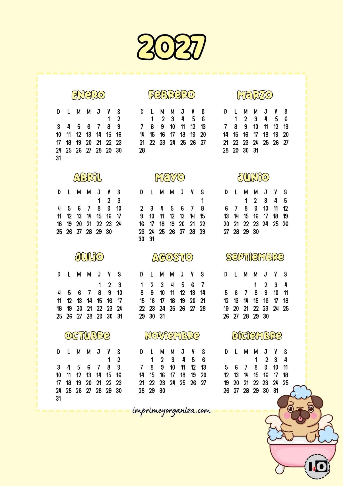 Calendario 2027 Inicio Domingo Pug Cute