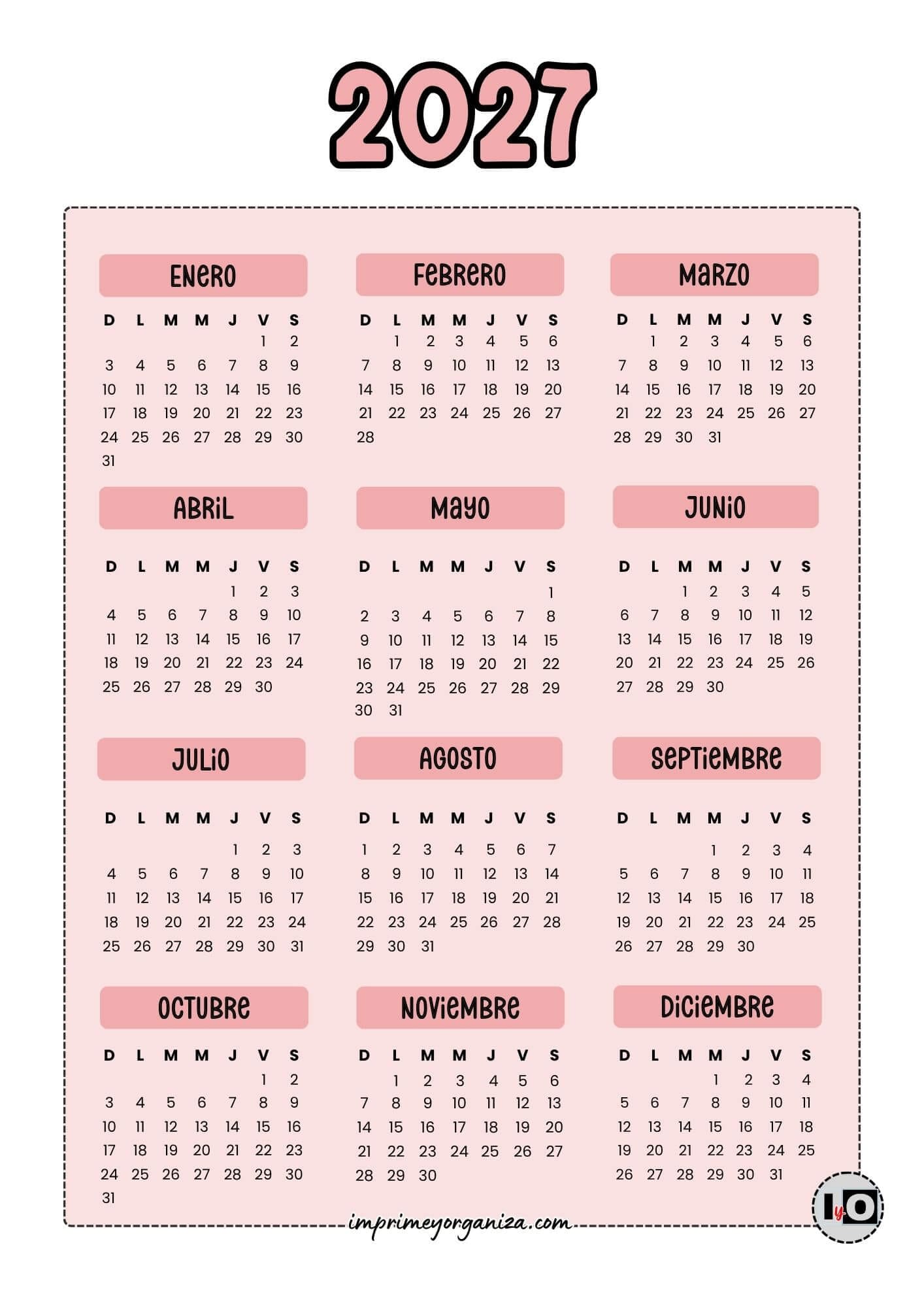 Calendario 2027 Inicio Domingo Rosa