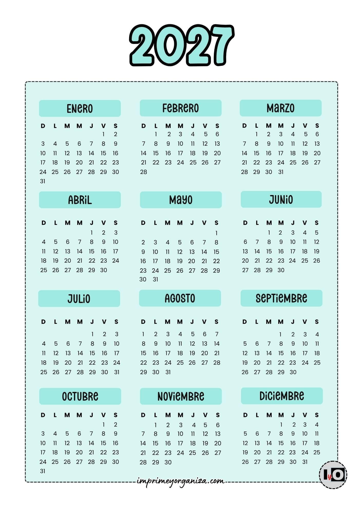 Calendario 2027 Inicio Domingo Turquesa