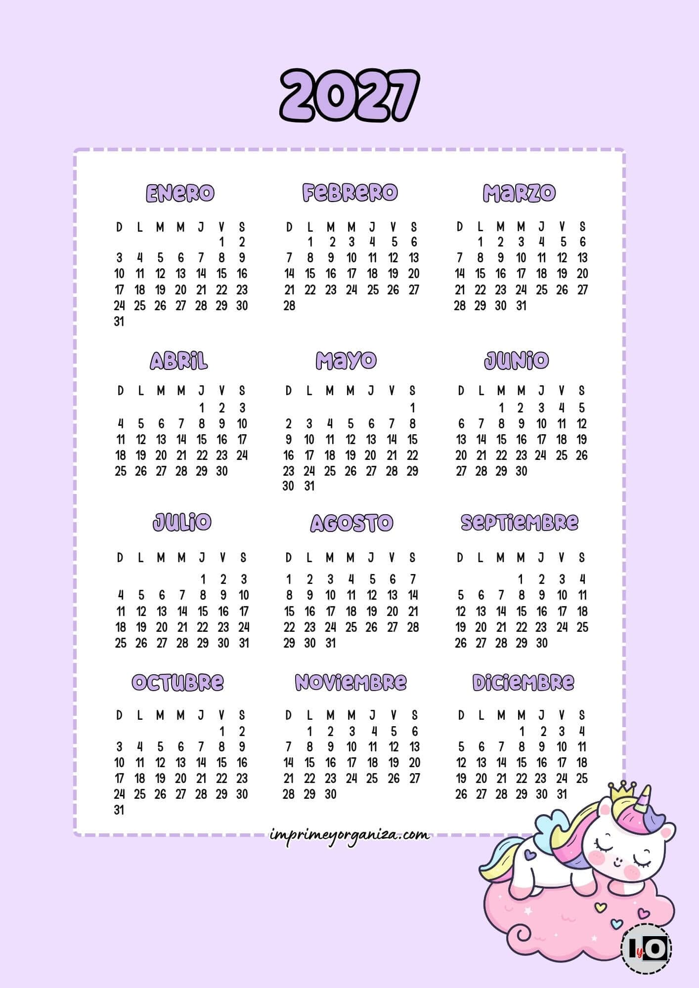 Calendario 2027 Inicio Domingo Unicornio Cute
