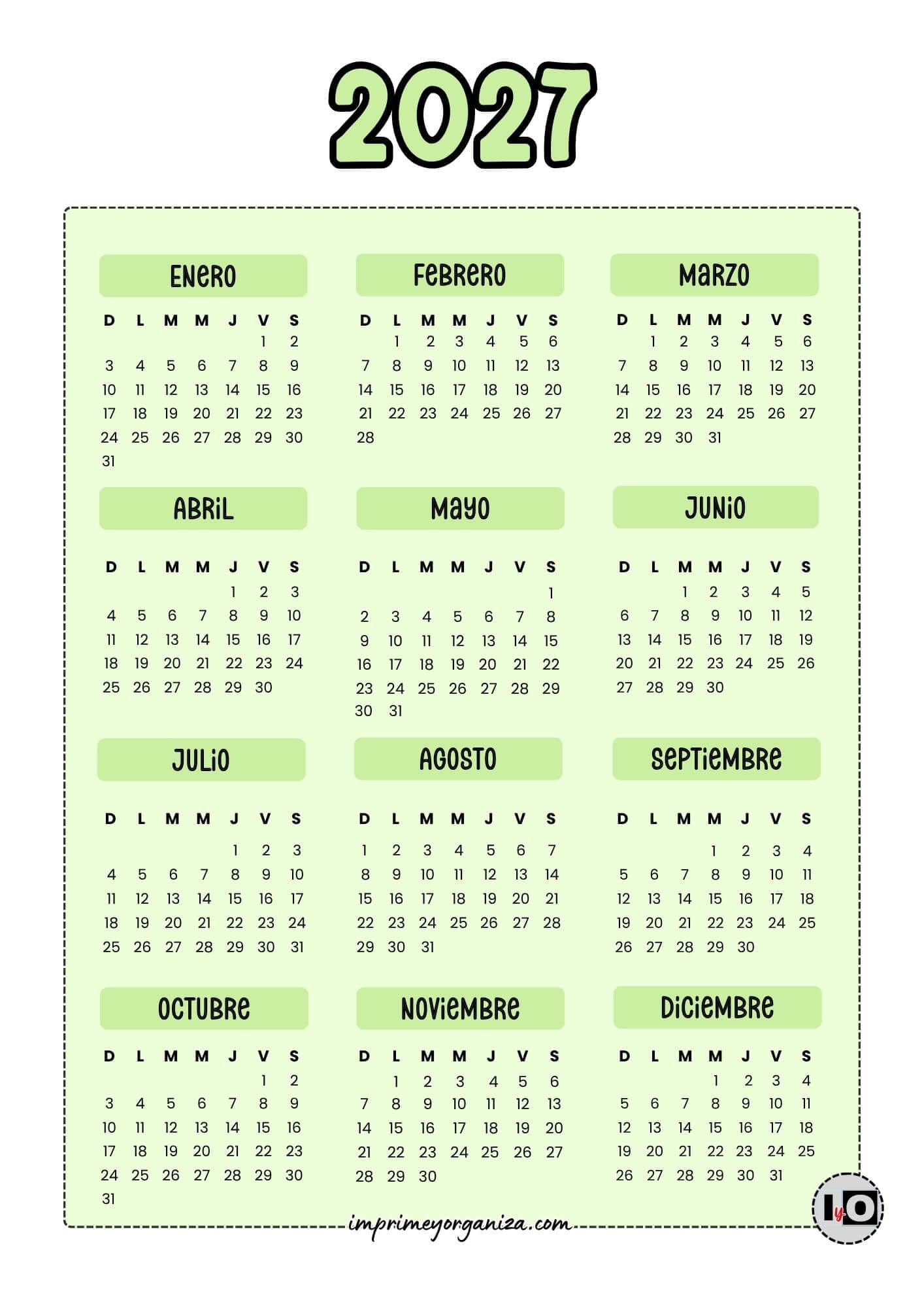 Calendario 2027 Inicio Domingo Verde