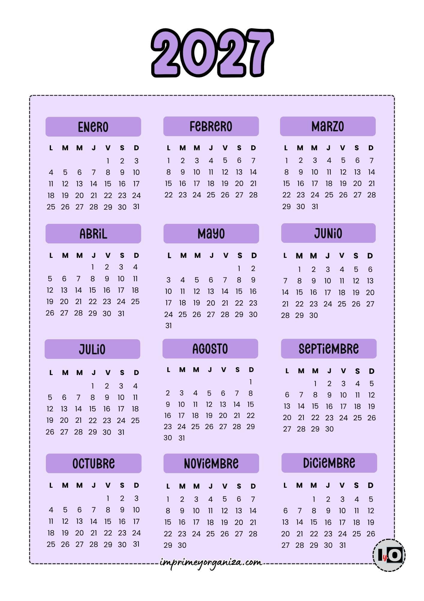 Calendario 2027 Lila