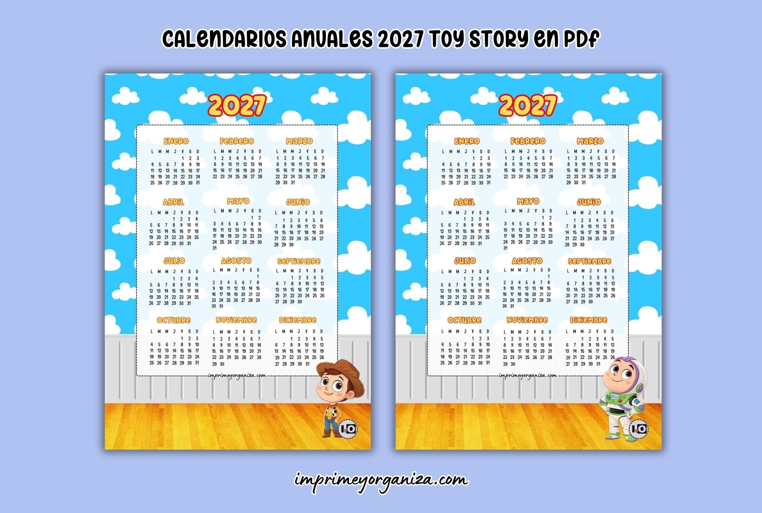 calendarios anuales 2027 de Toy Story para imprimir en PDF gratis