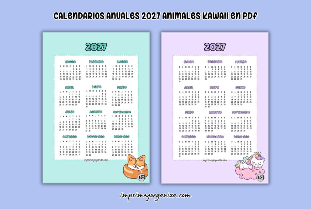 calendarios anuales 2027 de animales cute pastel para imprimir en PDF gratis